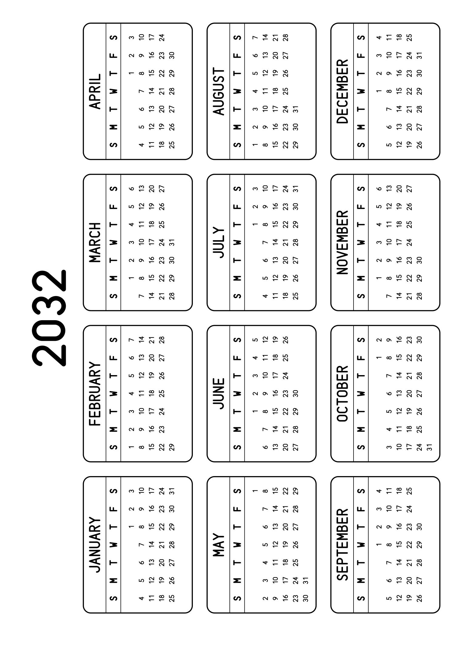 The twelve months of 2032 on one page, each month inside a rounded frame, four months across and three rows, read in landscape once the sheet is turned. Design: Framed, Horizontal.