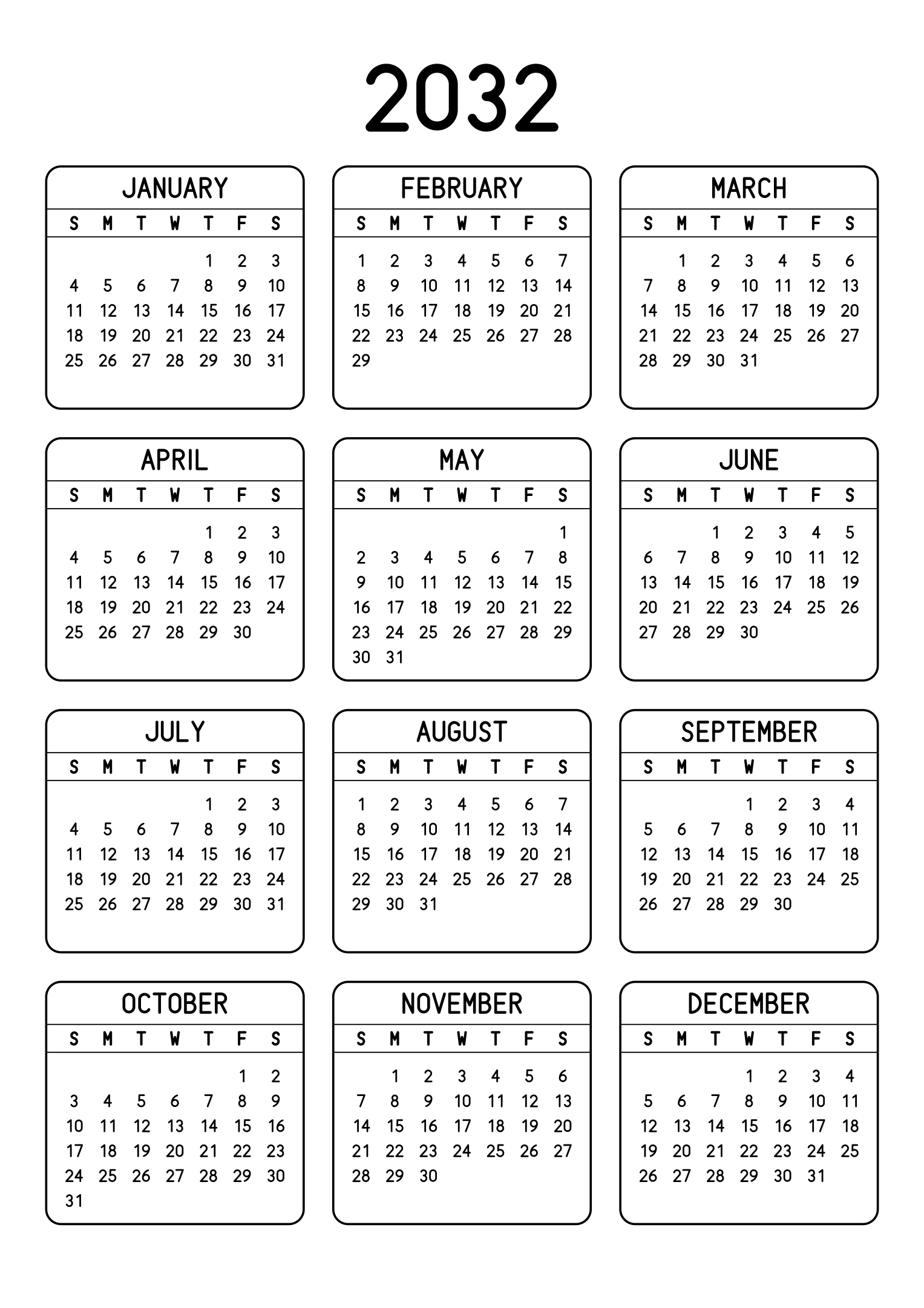 The twelve months of 2032 on one page, each month inside a rounded frame, three months across and four rows, read in portrait. Design: Framed, Vertical.