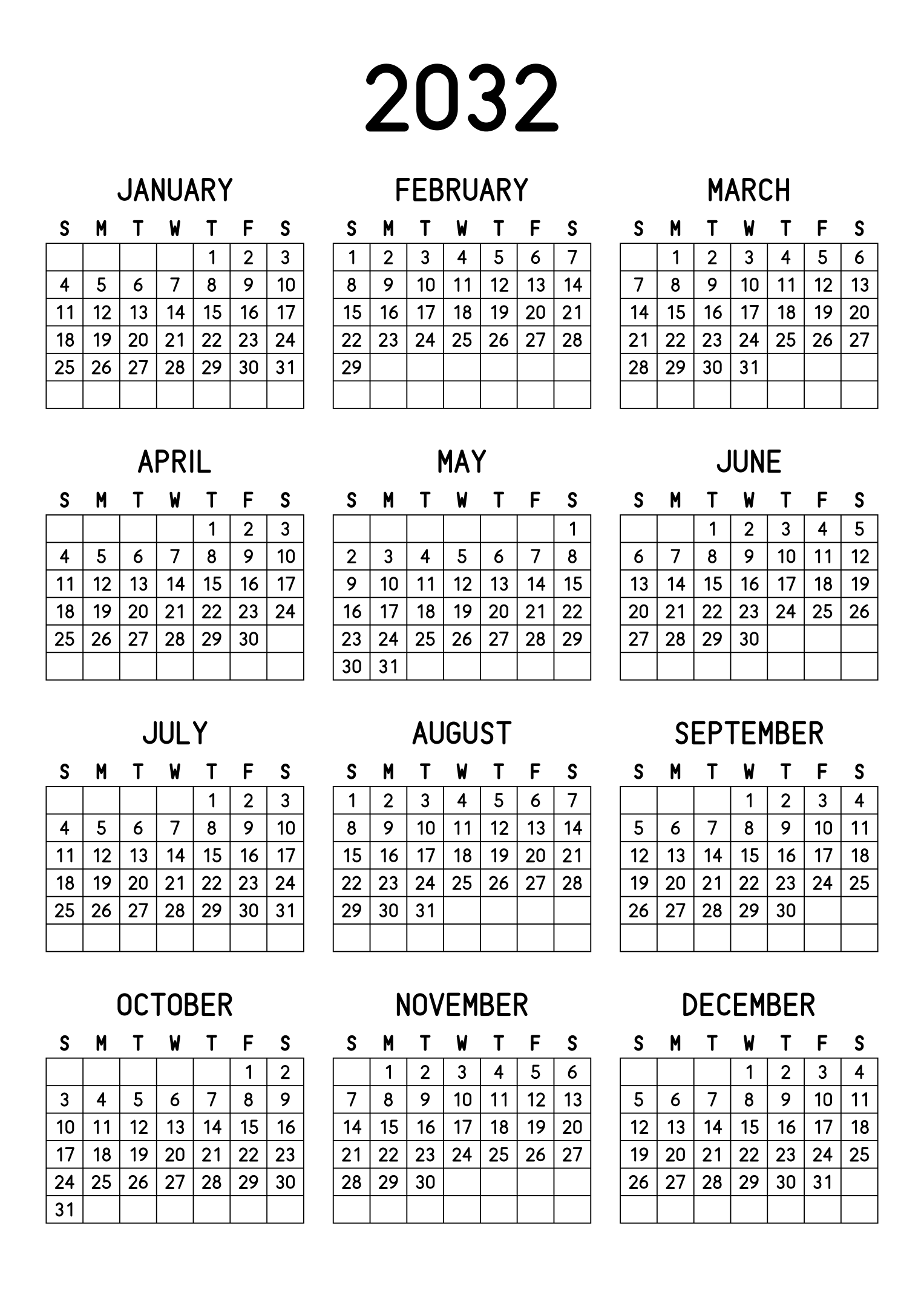 The twelve months of 2032 on one page, every day in its own cell, the weeks drawn as a grid, three months across and four rows, read in portrait. Design: Grid, Vertical.