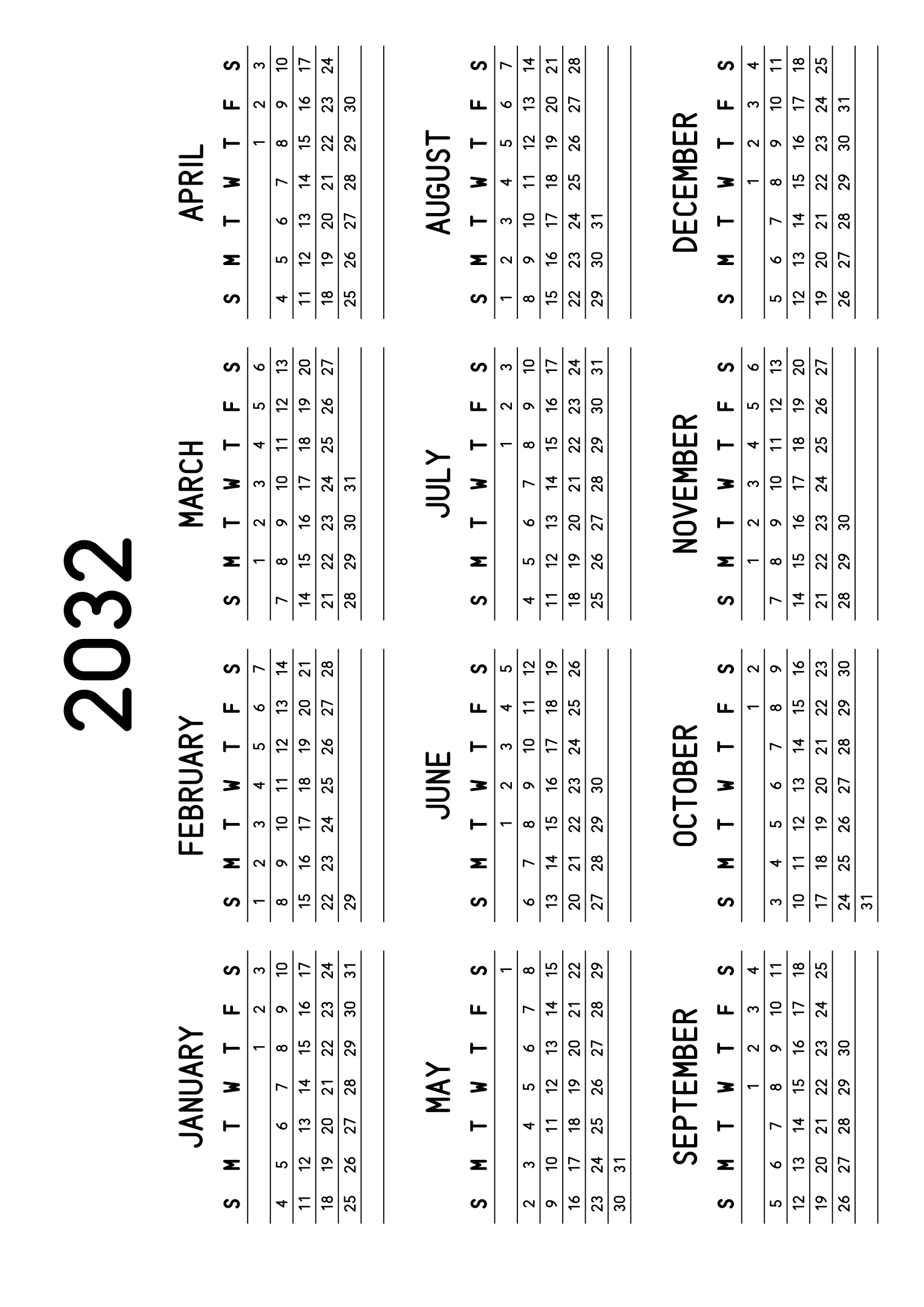 The twelve months of 2032 on one page, a fine line under each week, like a planner, four months across and three rows, read in landscape once the sheet is turned. Design: Lined, Horizontal.
