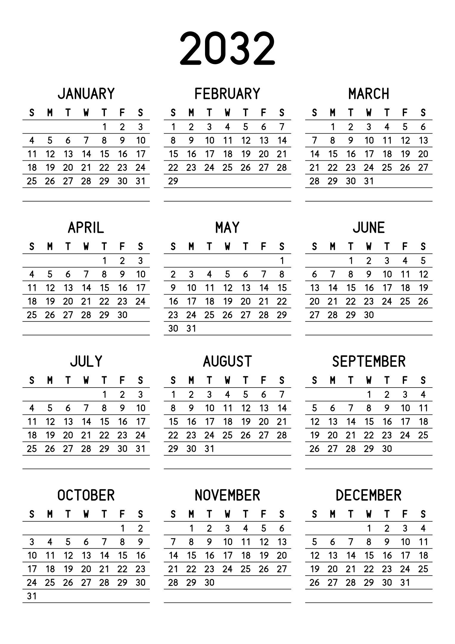 The twelve months of 2032 on one page, a fine line under each week, like a planner, three months across and four rows, read in portrait. Design: Lined, Vertical.