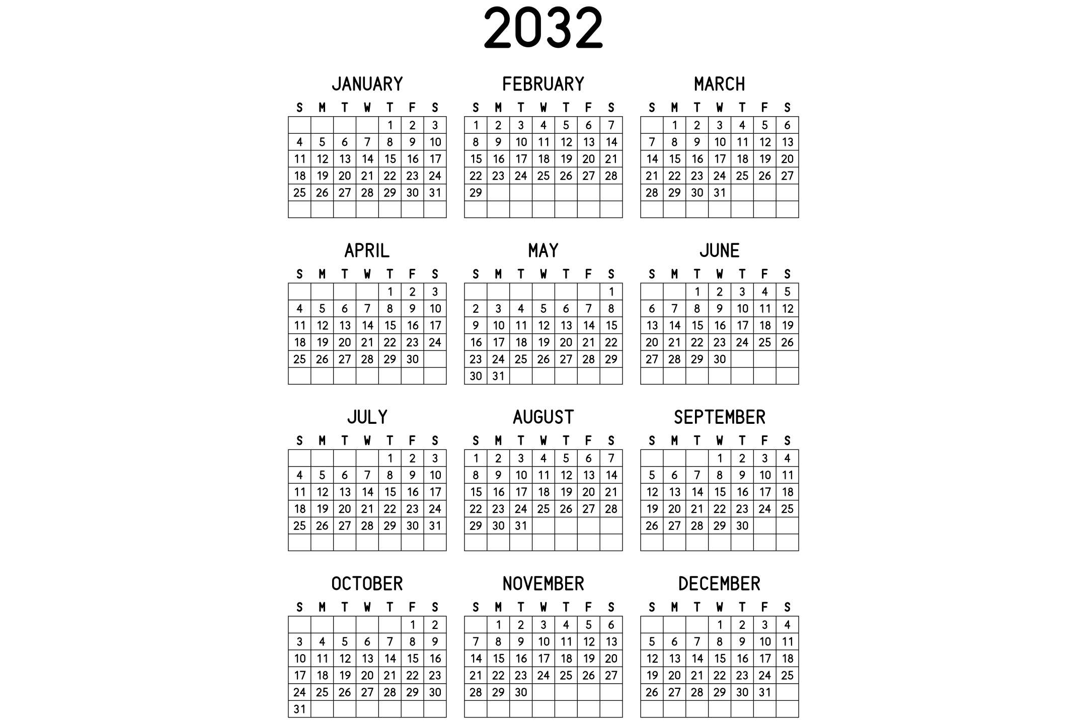 A printable 2032 calendar with the twelve months on one page, in black and white.