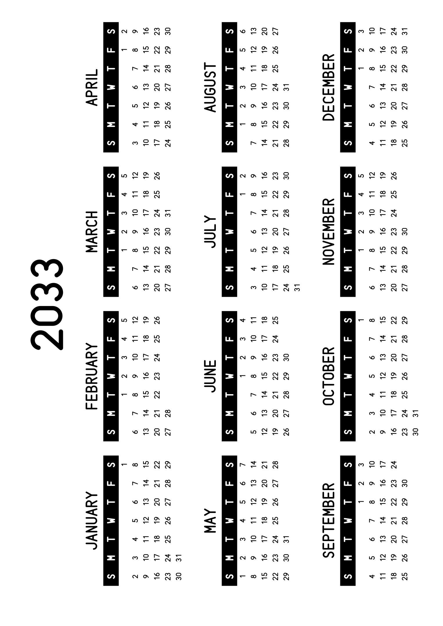 The twelve months of 2033 on one page, the days of the week in white on a black band, four months across and three rows, read in landscape once the sheet is turned. Design: Banded, Horizontal.
