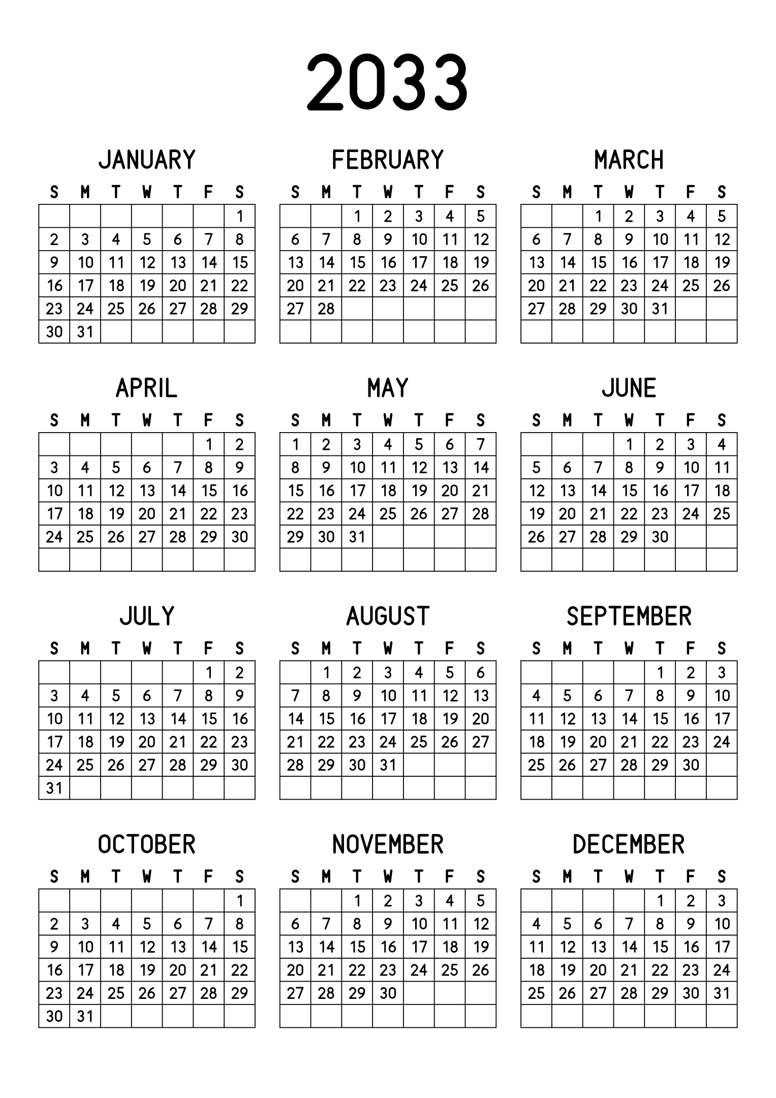 The twelve months of 2033 on one page, every day in its own cell, the weeks drawn as a grid, three months across and four rows, read in portrait. Design: Grid, Vertical.