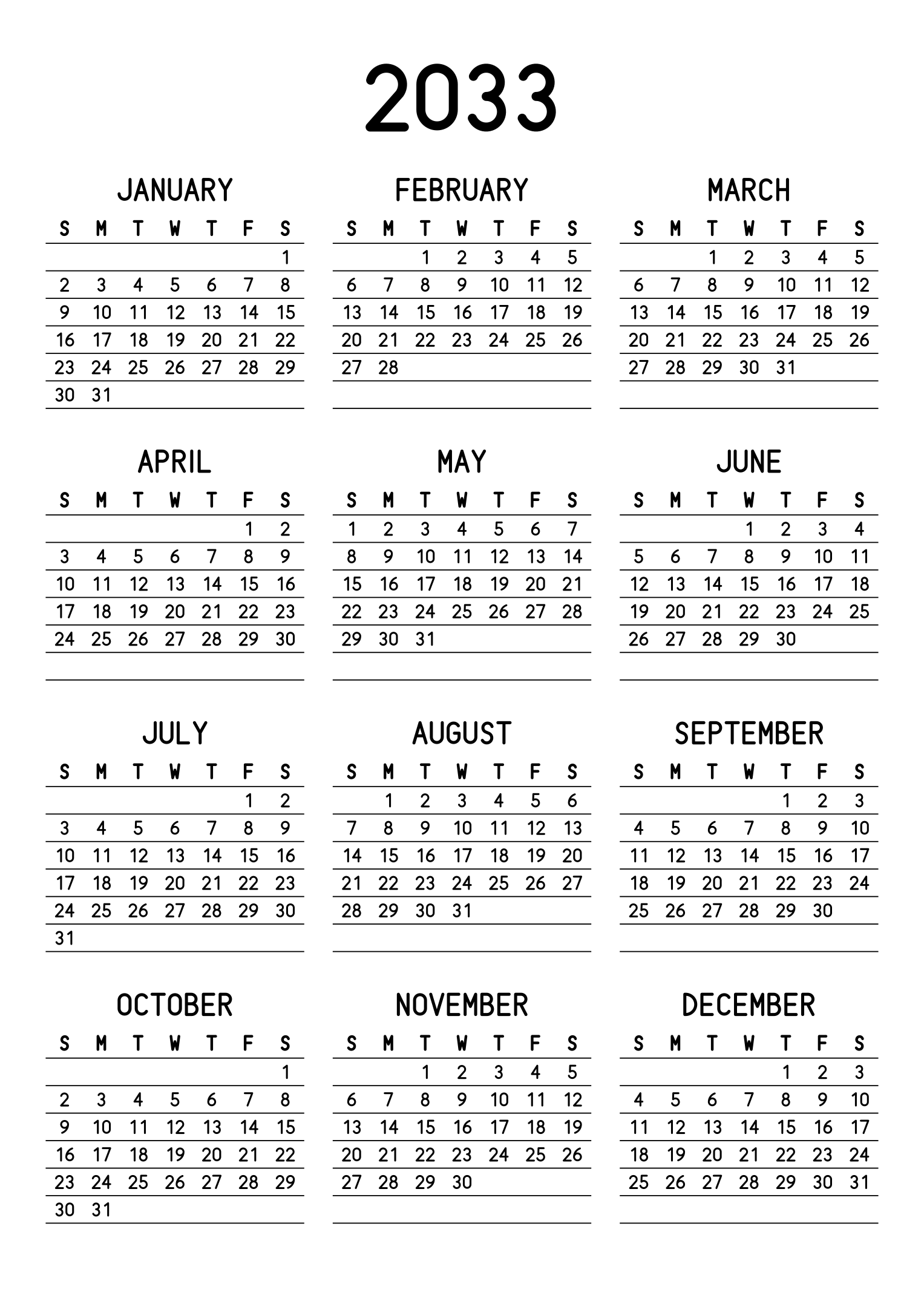 The twelve months of 2033 on one page, a fine line under each week, like a planner, three months across and four rows, read in portrait. Design: Lined, Vertical.
