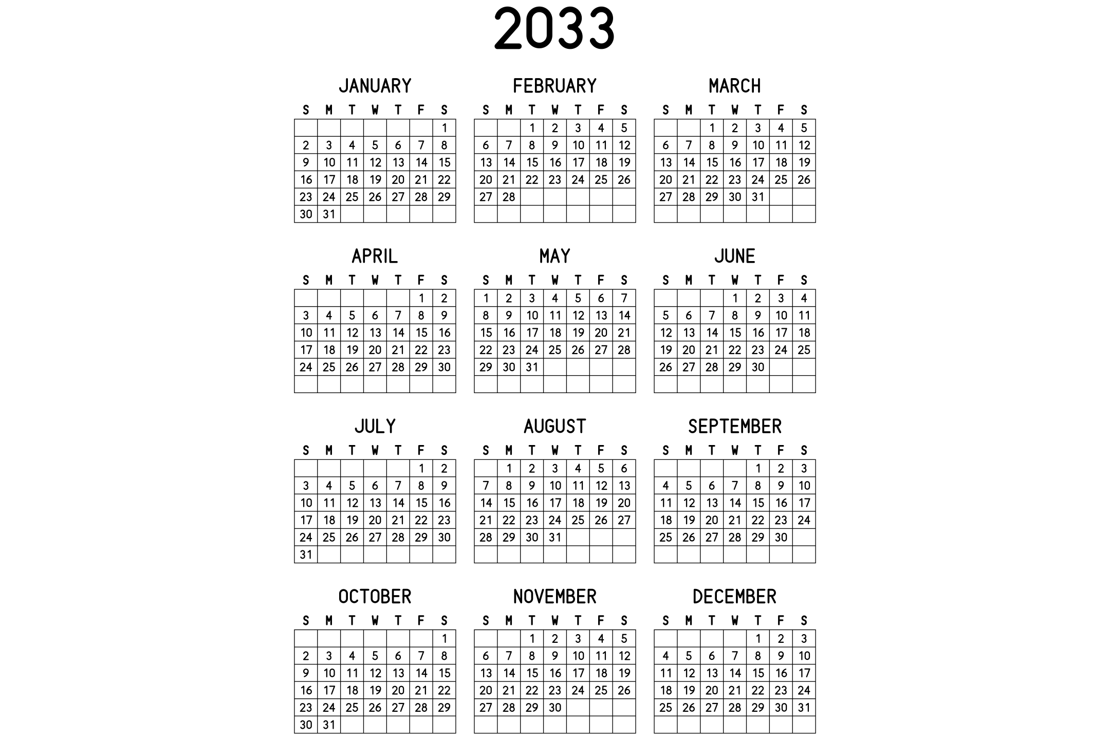 A printable 2033 calendar with the twelve months on one page, in black and white.