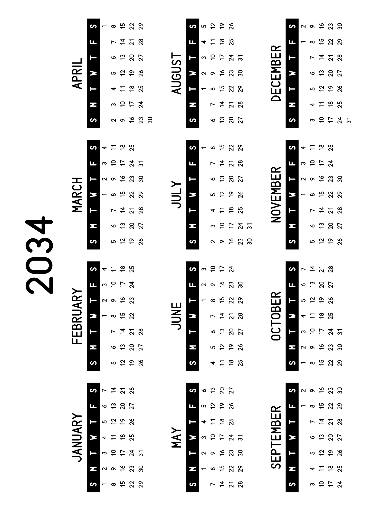 The twelve months of 2034 on one page, the days of the week in white on a black band, four months across and three rows, read in landscape once the sheet is turned. Design: Banded, Horizontal.