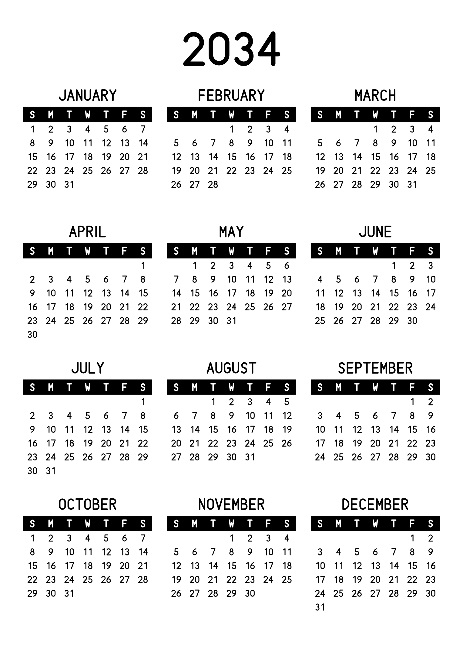 The twelve months of 2034 on one page, the days of the week in white on a black band, three months across and four rows, read in portrait. Design: Banded, Vertical.