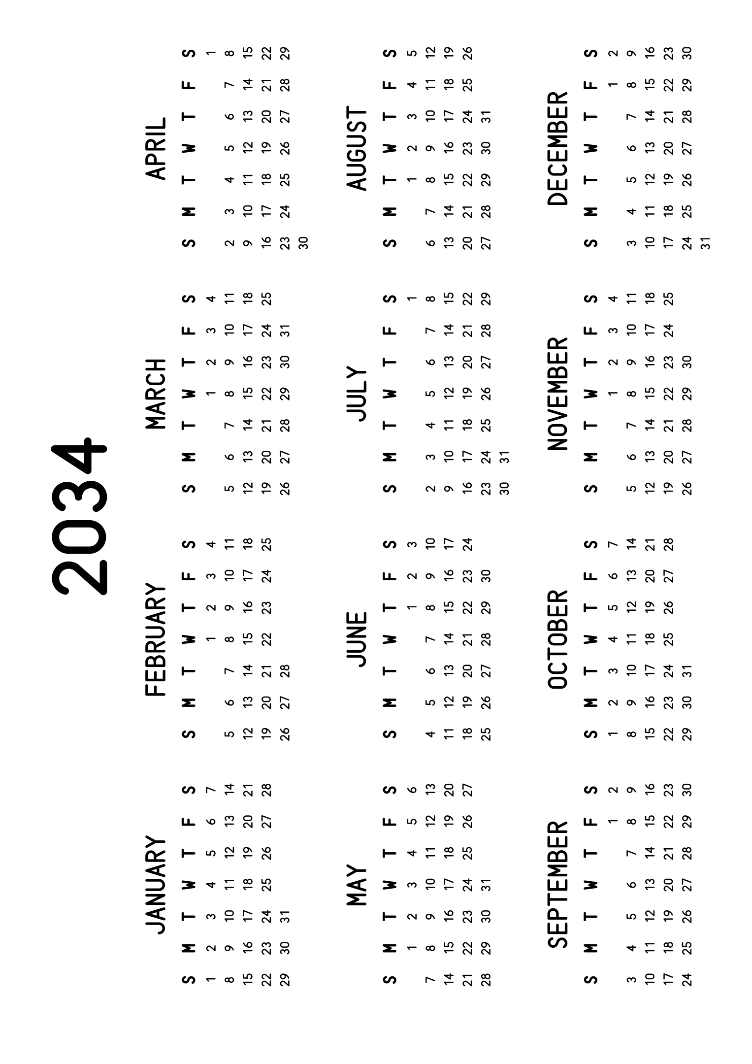 The twelve months of 2034 on one page, the dates set in clean rows, with no lines at all, four months across and three rows, read in landscape once the sheet is turned. Design: Classic, Horizontal.