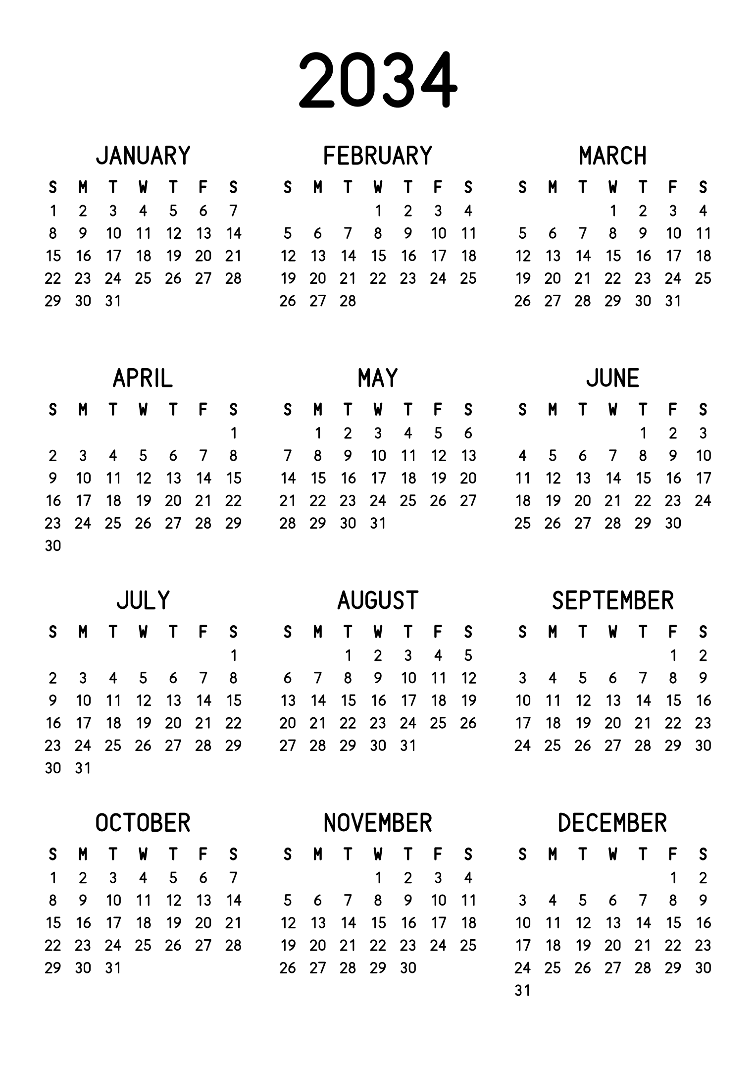 The twelve months of 2034 on one page, the dates set in clean rows, with no lines at all, three months across and four rows, read in portrait. Design: Classic, Vertical.