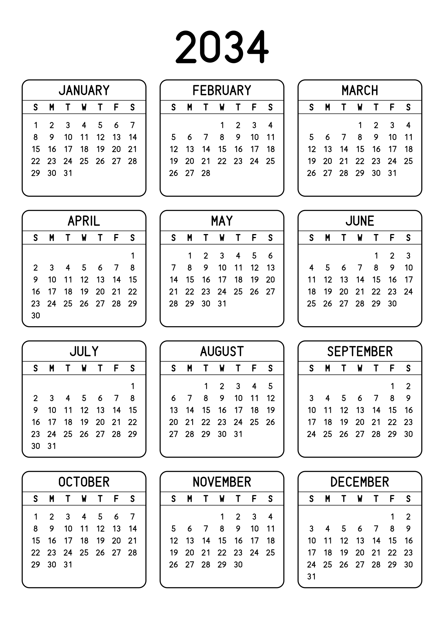 The twelve months of 2034 on one page, each month inside a rounded frame, three months across and four rows, read in portrait. Design: Framed, Vertical.