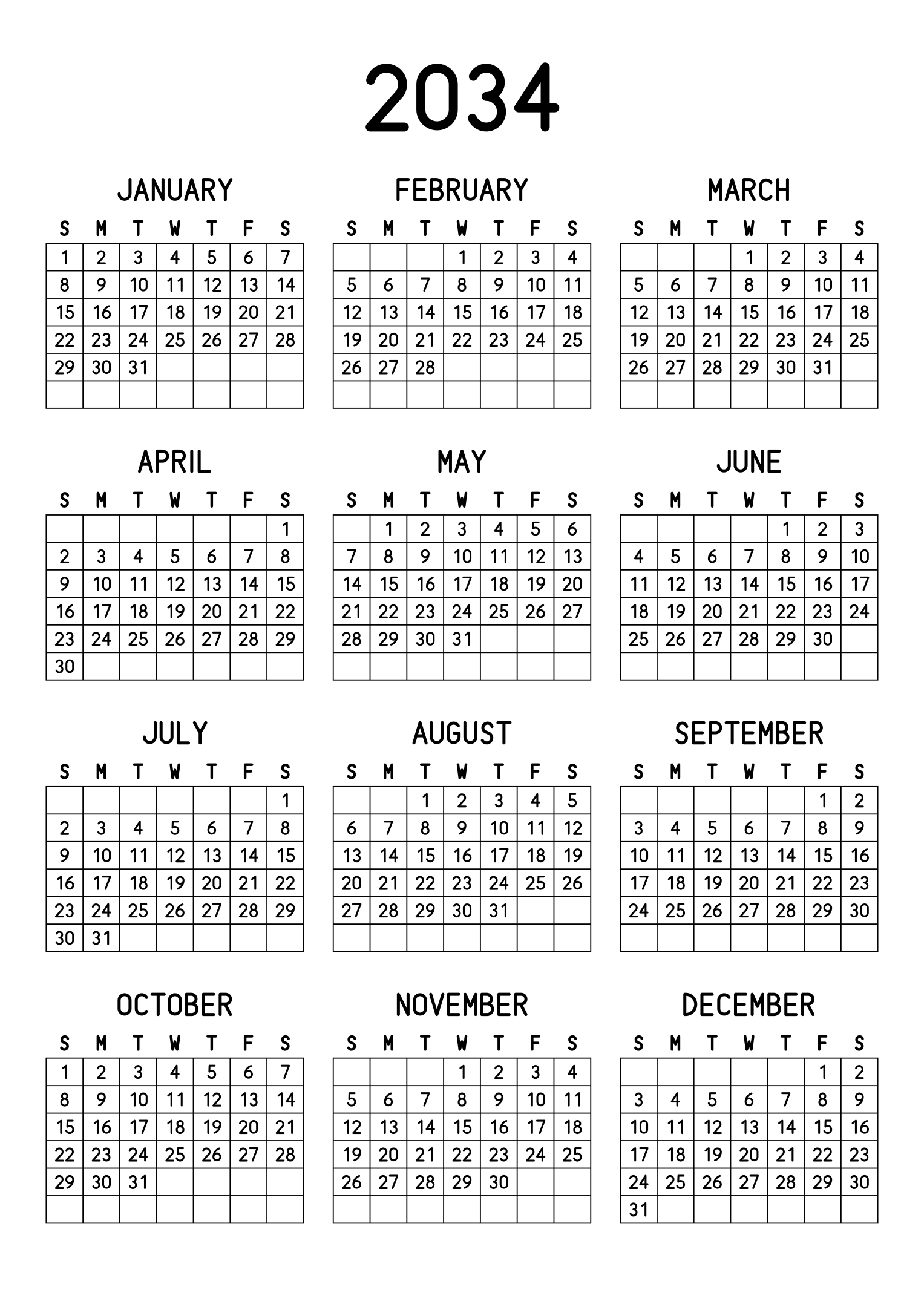The twelve months of 2034 on one page, every day in its own cell, the weeks drawn as a grid, three months across and four rows, read in portrait. Design: Grid, Vertical.