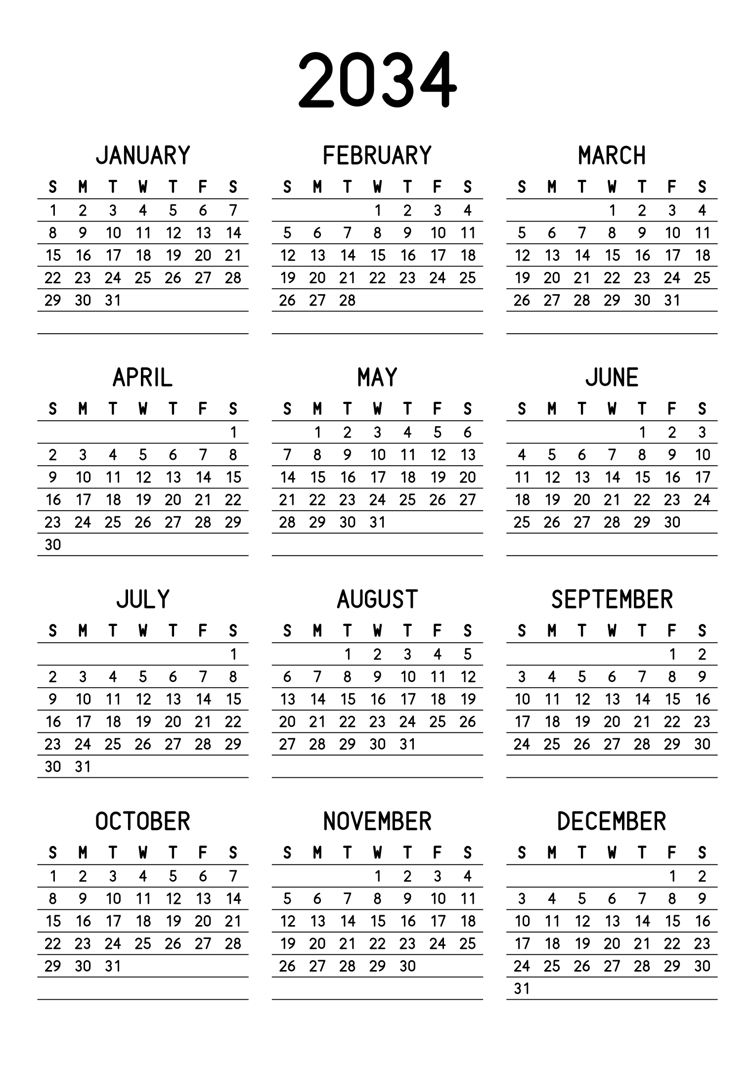 The twelve months of 2034 on one page, a fine line under each week, like a planner, three months across and four rows, read in portrait. Design: Lined, Vertical.