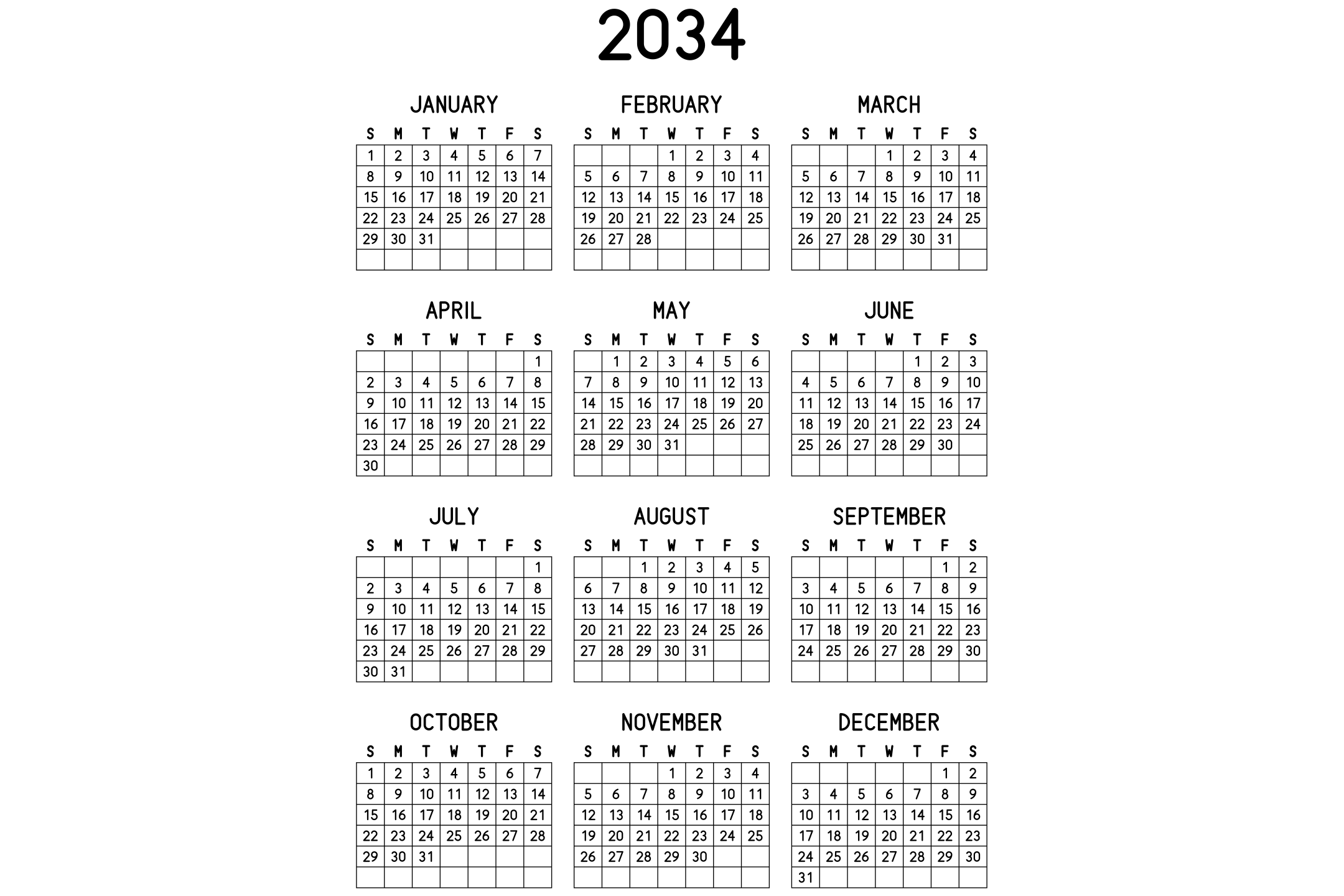 A printable 2034 calendar with the twelve months on one page, in black and white.