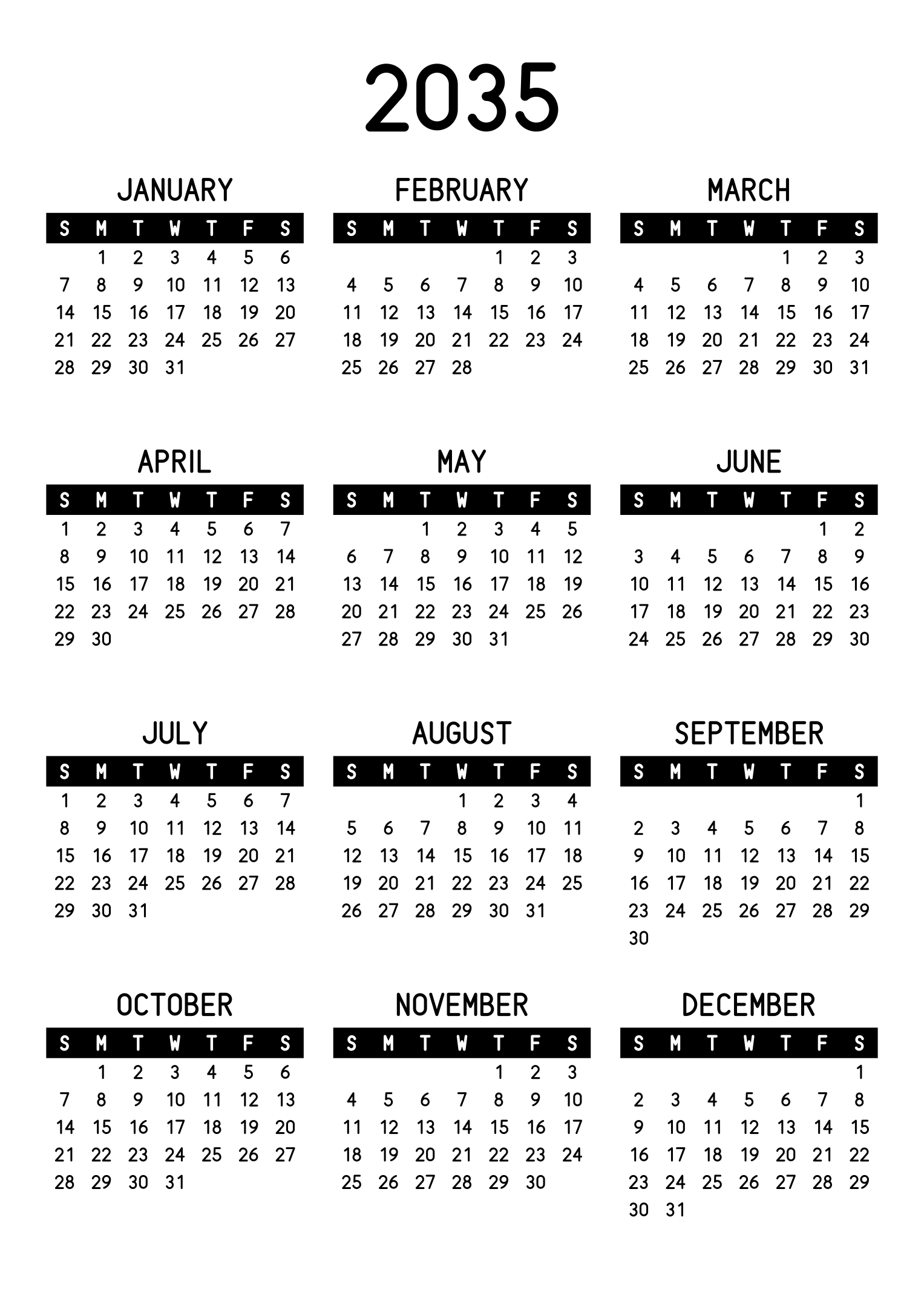 The twelve months of 2035 on one page, the days of the week in white on a black band, three months across and four rows, read in portrait. Design: Banded, Vertical.