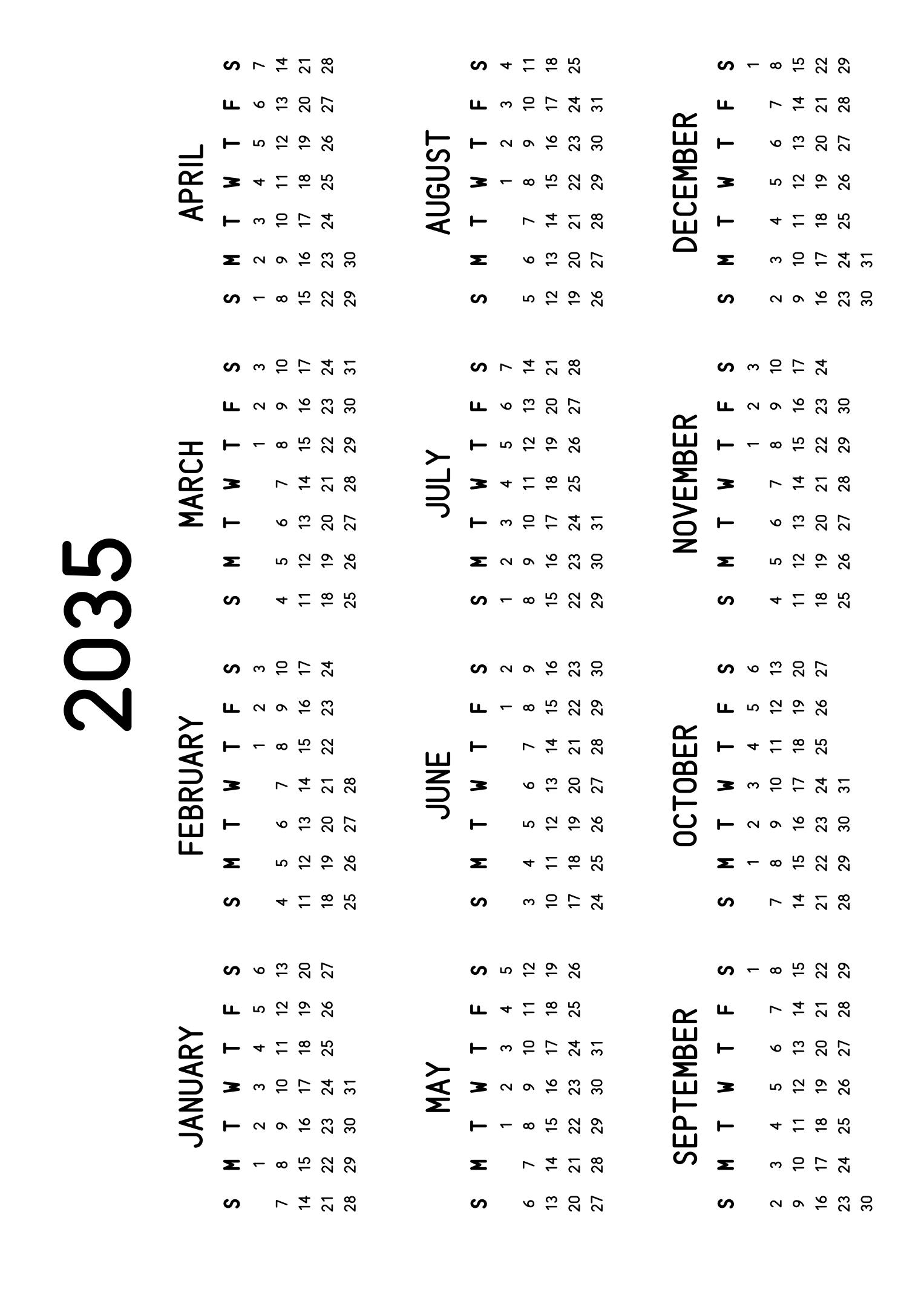 The twelve months of 2035 on one page, the dates set in clean rows, with no lines at all, four months across and three rows, read in landscape once the sheet is turned. Design: Classic, Horizontal.