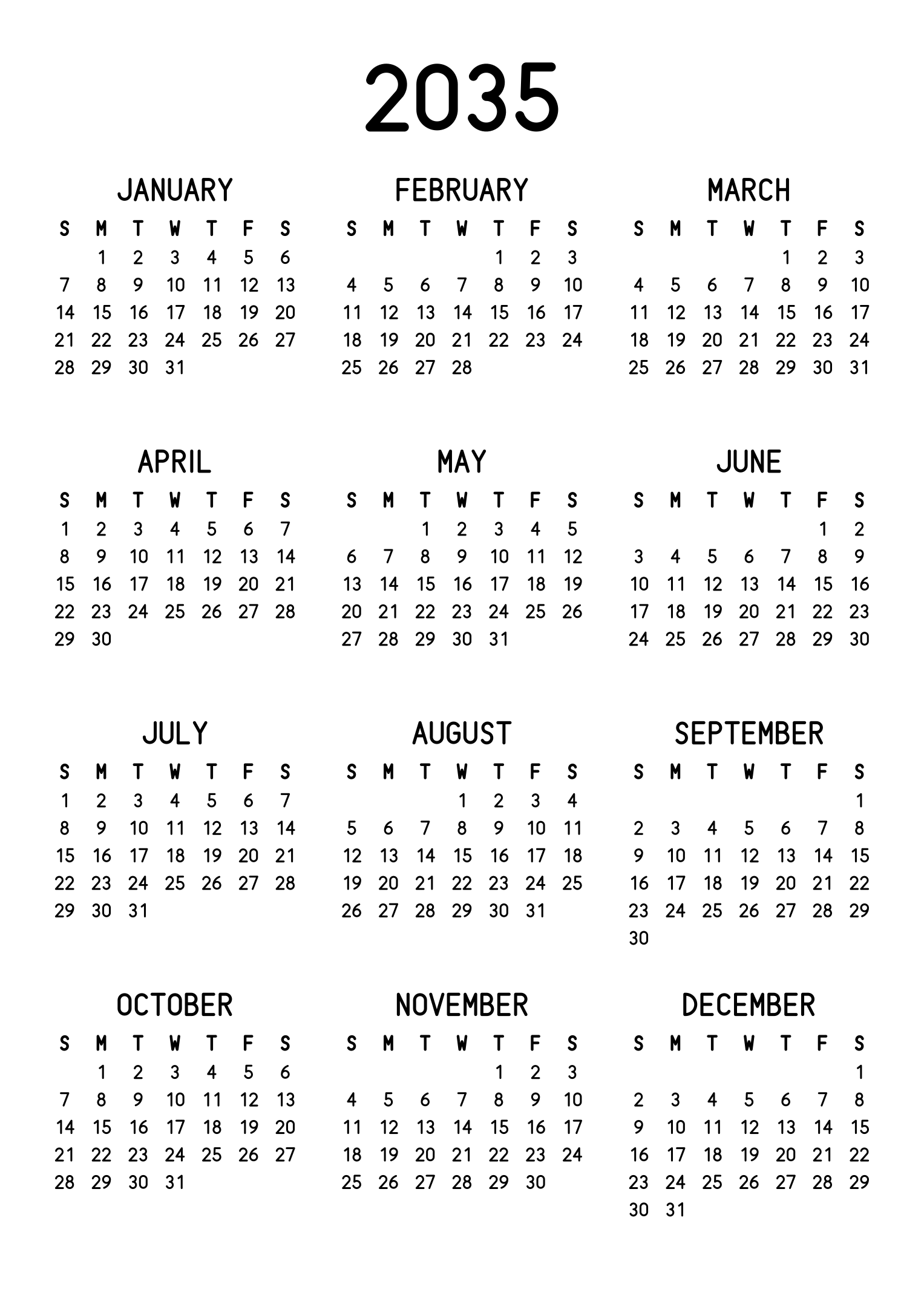 The twelve months of 2035 on one page, the dates set in clean rows, with no lines at all, three months across and four rows, read in portrait. Design: Classic, Vertical.