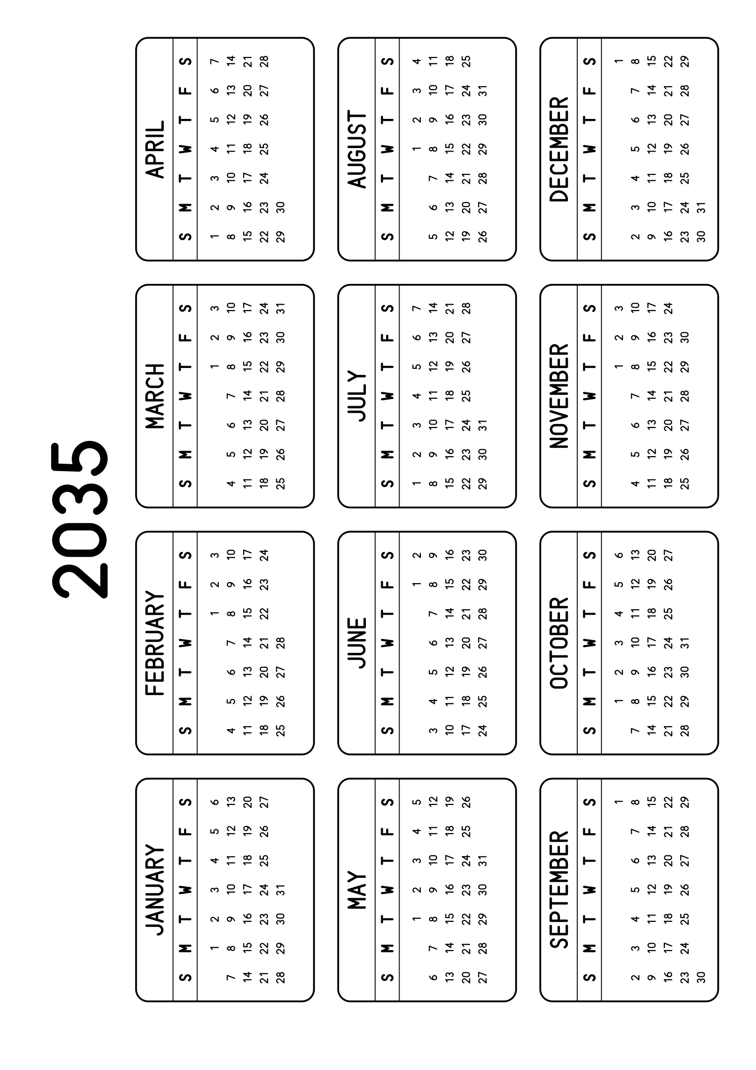 The twelve months of 2035 on one page, each month inside a rounded frame, four months across and three rows, read in landscape once the sheet is turned. Design: Framed, Horizontal.