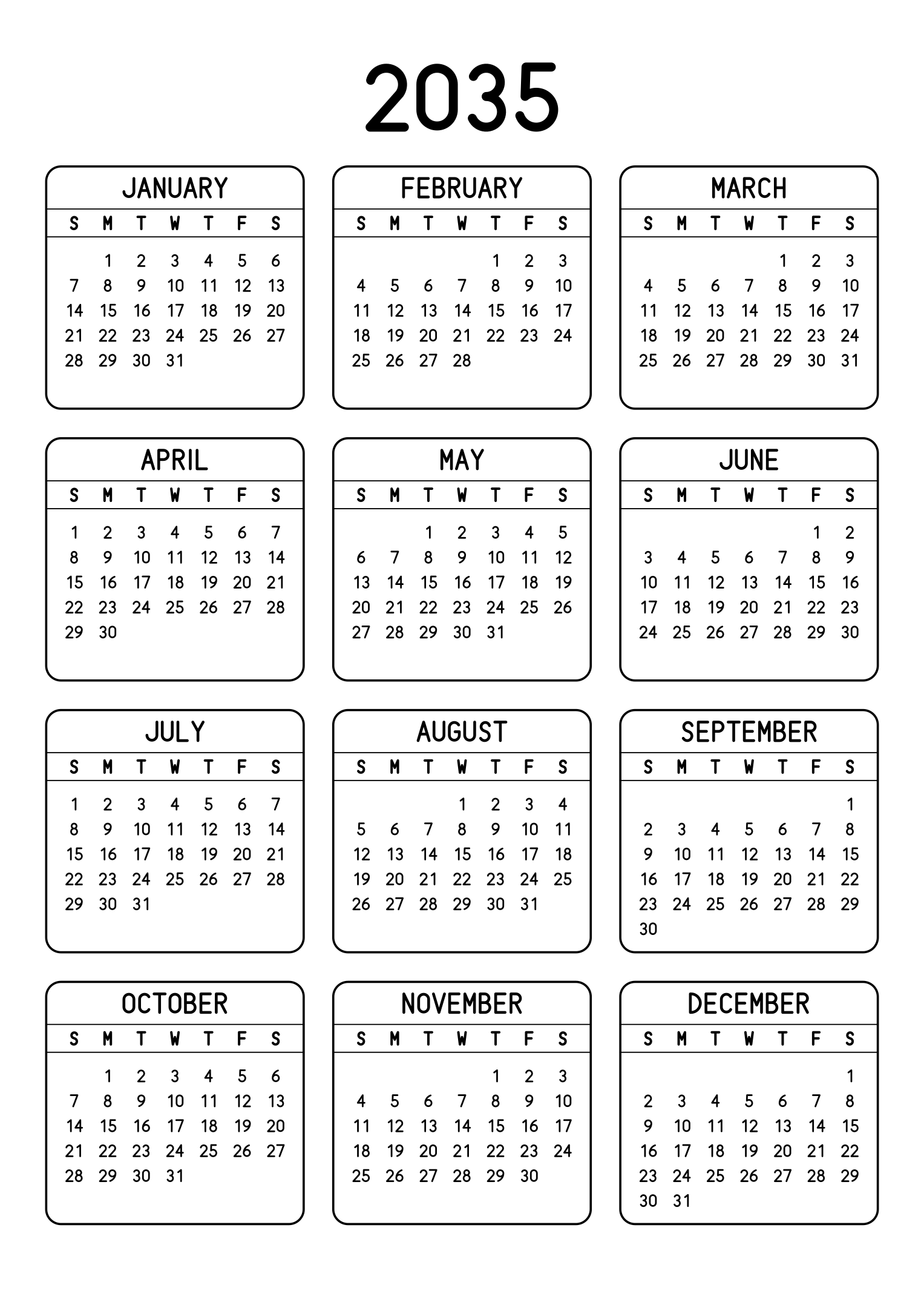 The twelve months of 2035 on one page, each month inside a rounded frame, three months across and four rows, read in portrait. Design: Framed, Vertical.