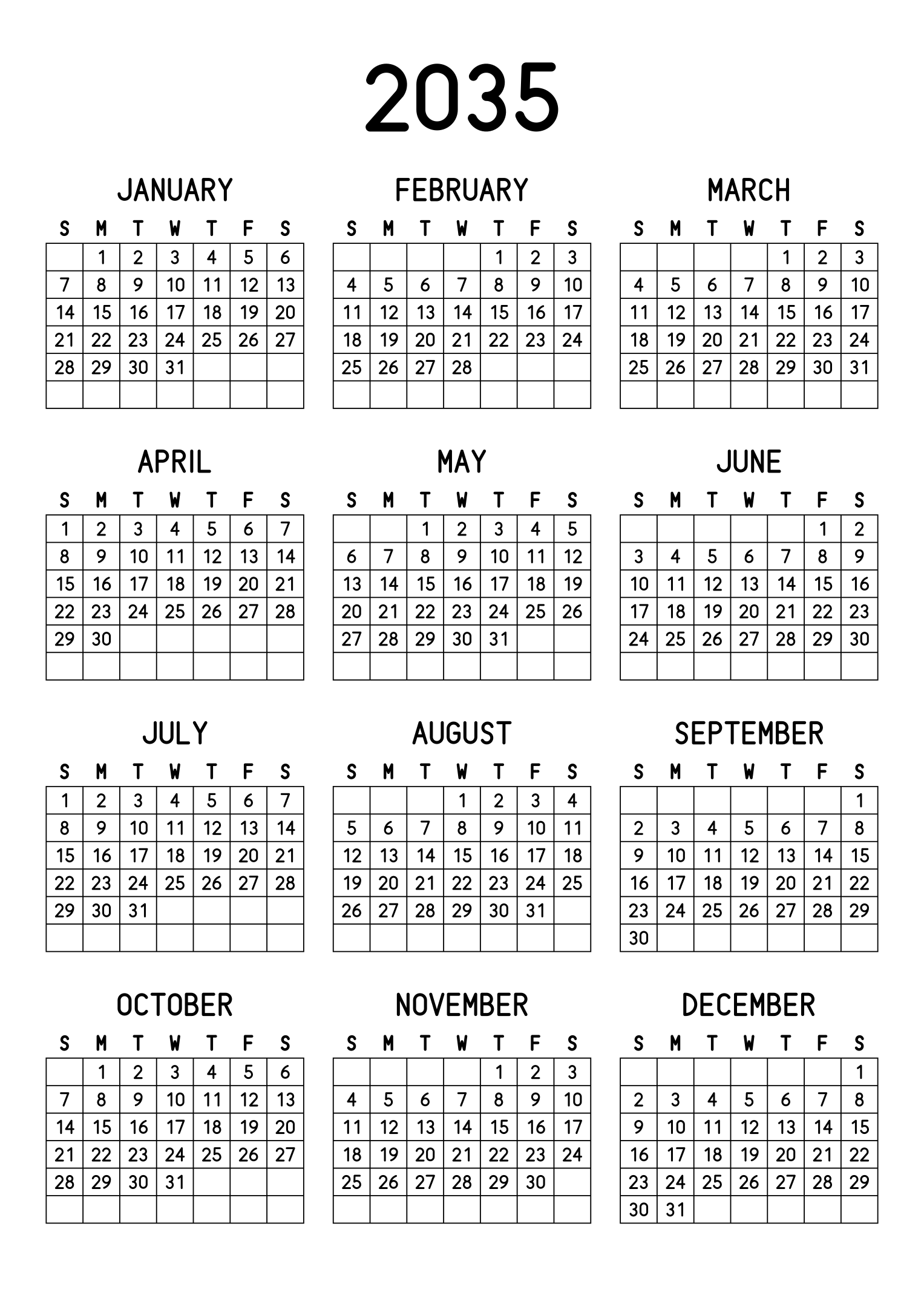 The twelve months of 2035 on one page, every day in its own cell, the weeks drawn as a grid, three months across and four rows, read in portrait. Design: Grid, Vertical.