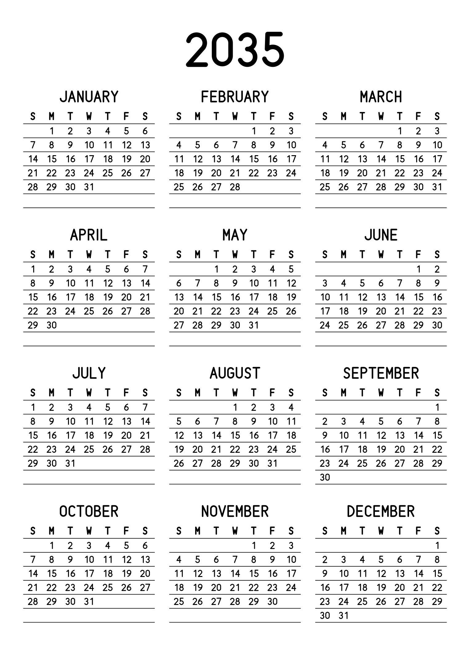 The twelve months of 2035 on one page, a fine line under each week, like a planner, three months across and four rows, read in portrait. Design: Lined, Vertical.