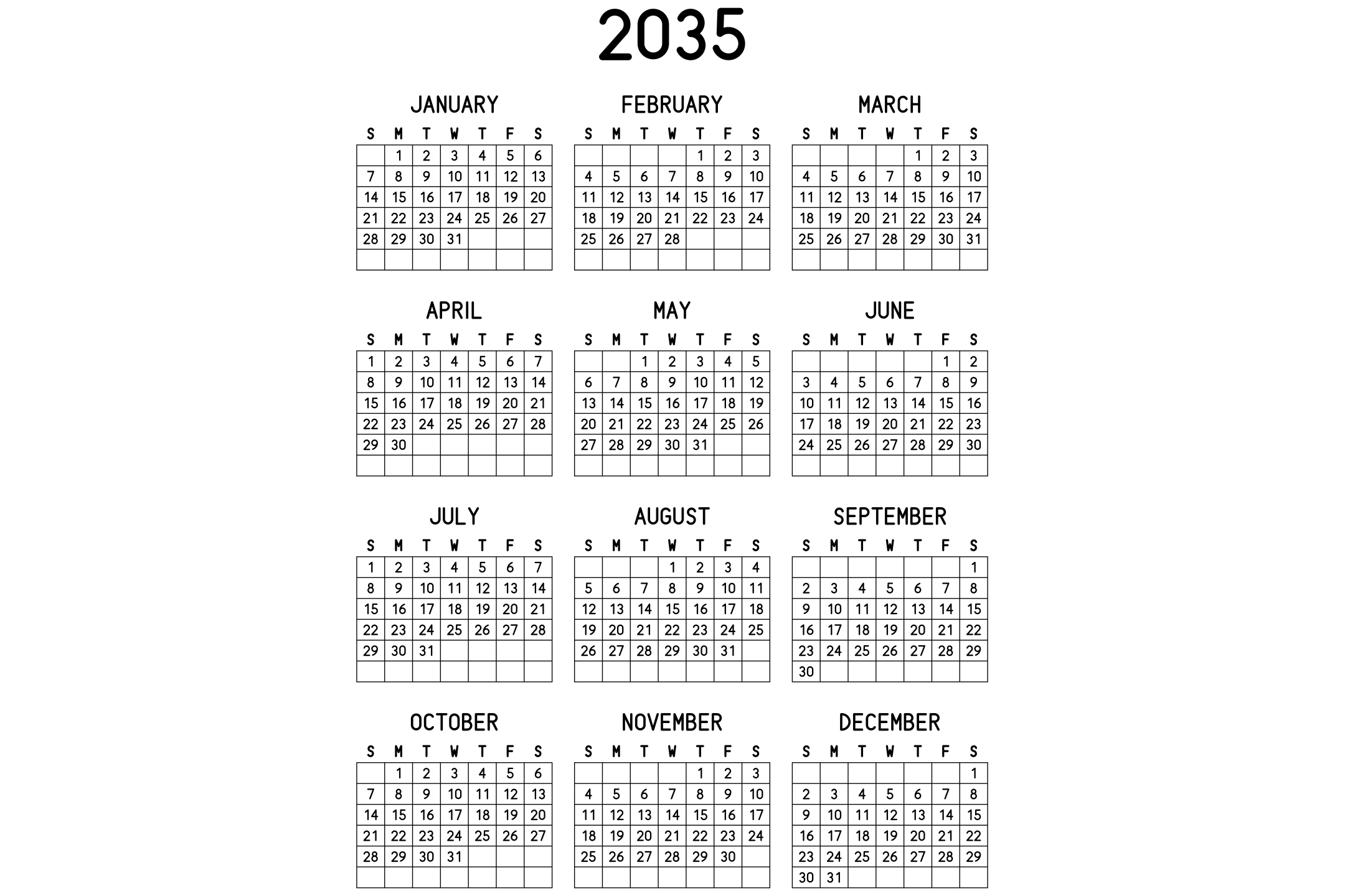 A printable 2035 calendar with the twelve months on one page, in black and white.