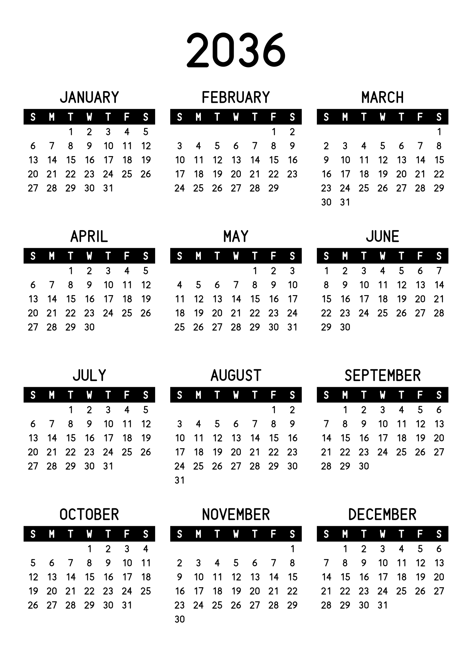 The twelve months of 2036 on one page, the days of the week in white on a black band, three months across and four rows, read in portrait. Design: Banded, Vertical.