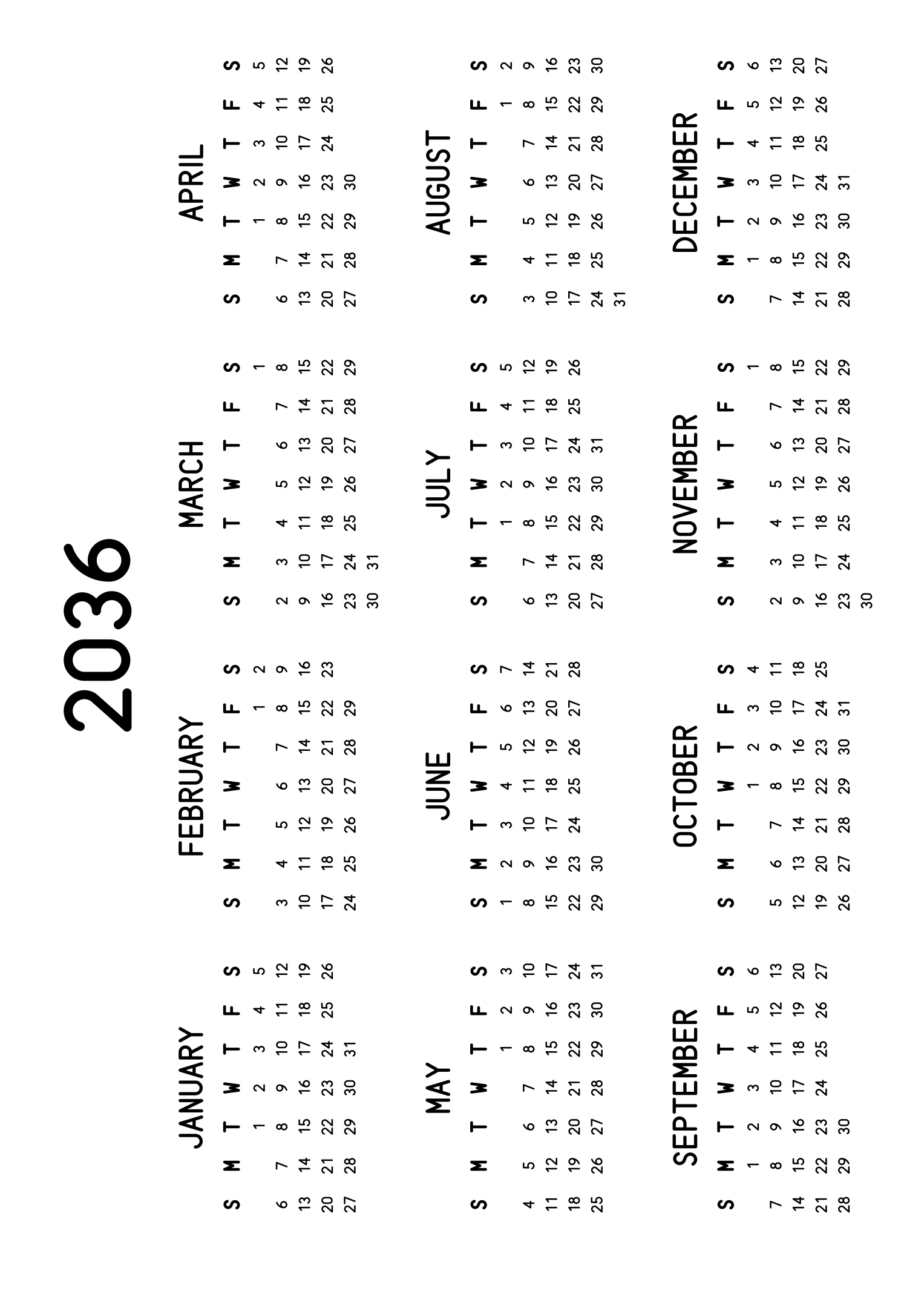 The twelve months of 2036 on one page, the dates set in clean rows, with no lines at all, four months across and three rows, read in landscape once the sheet is turned. Design: Classic, Horizontal.