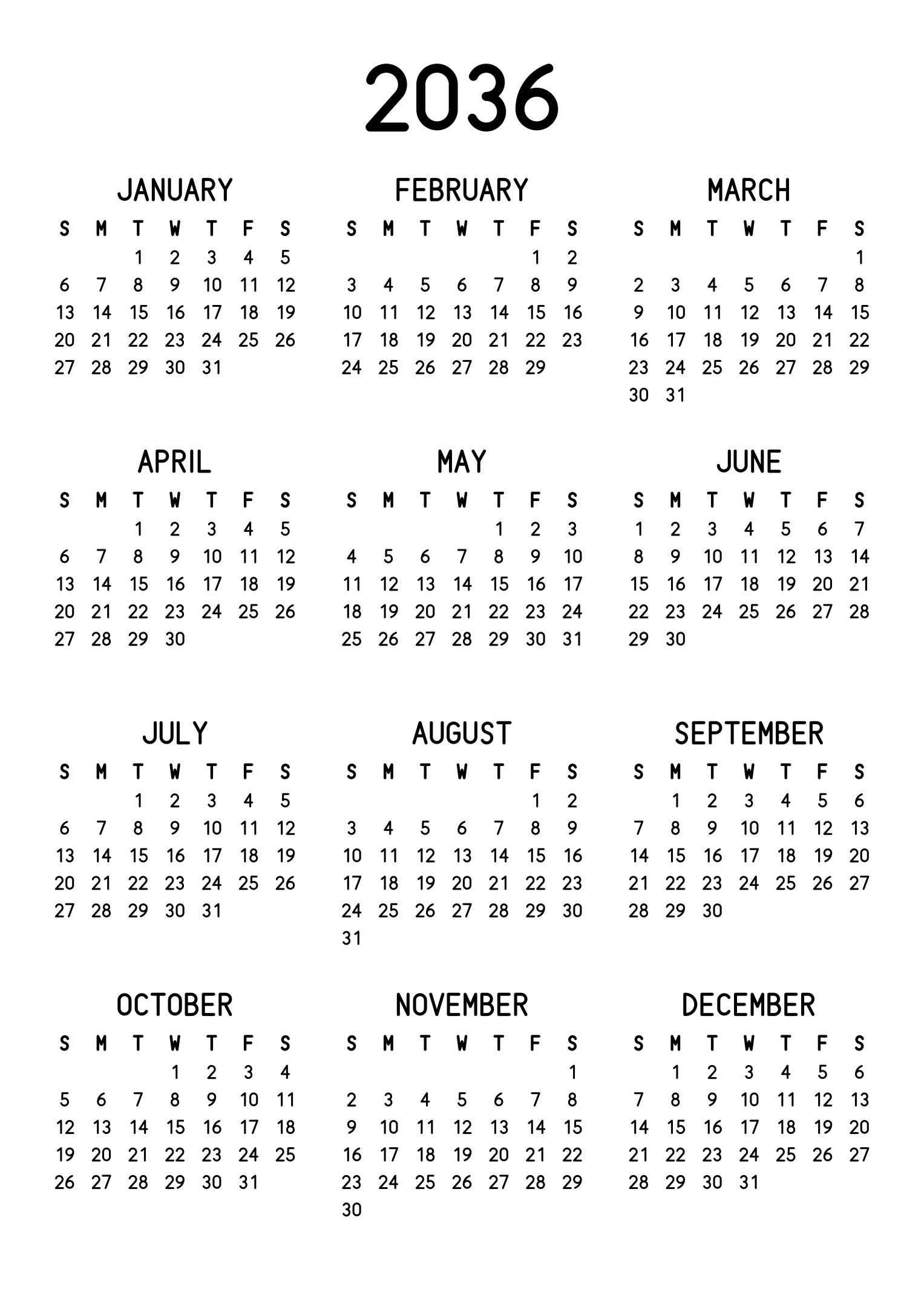 The twelve months of 2036 on one page, the dates set in clean rows, with no lines at all, three months across and four rows, read in portrait. Design: Classic, Vertical.