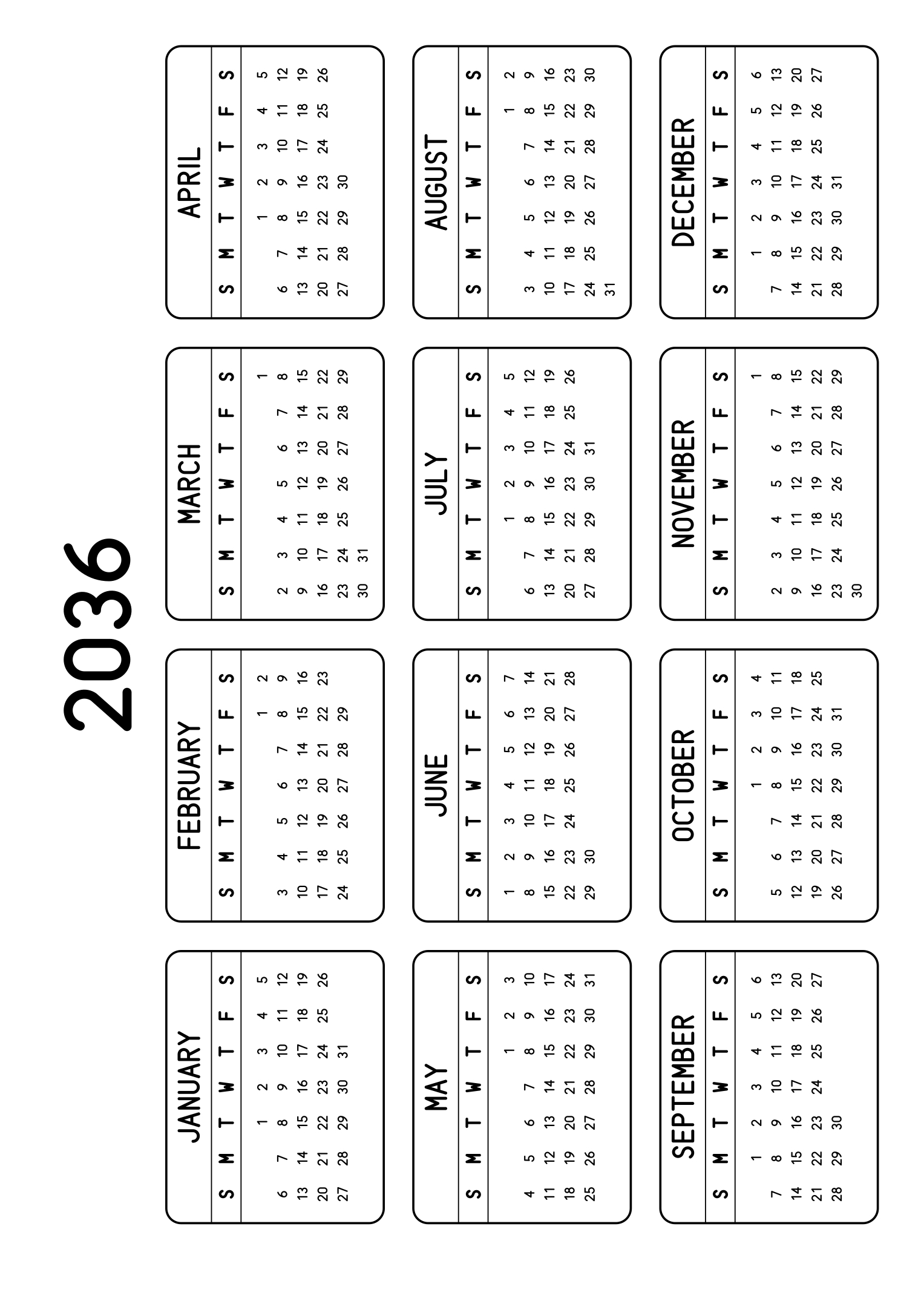 The twelve months of 2036 on one page, each month inside a rounded frame, four months across and three rows, read in landscape once the sheet is turned. Design: Framed, Horizontal.