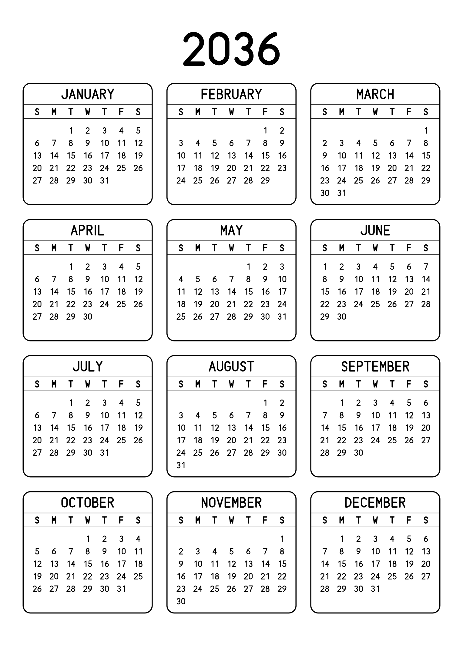 The twelve months of 2036 on one page, each month inside a rounded frame, three months across and four rows, read in portrait. Design: Framed, Vertical.