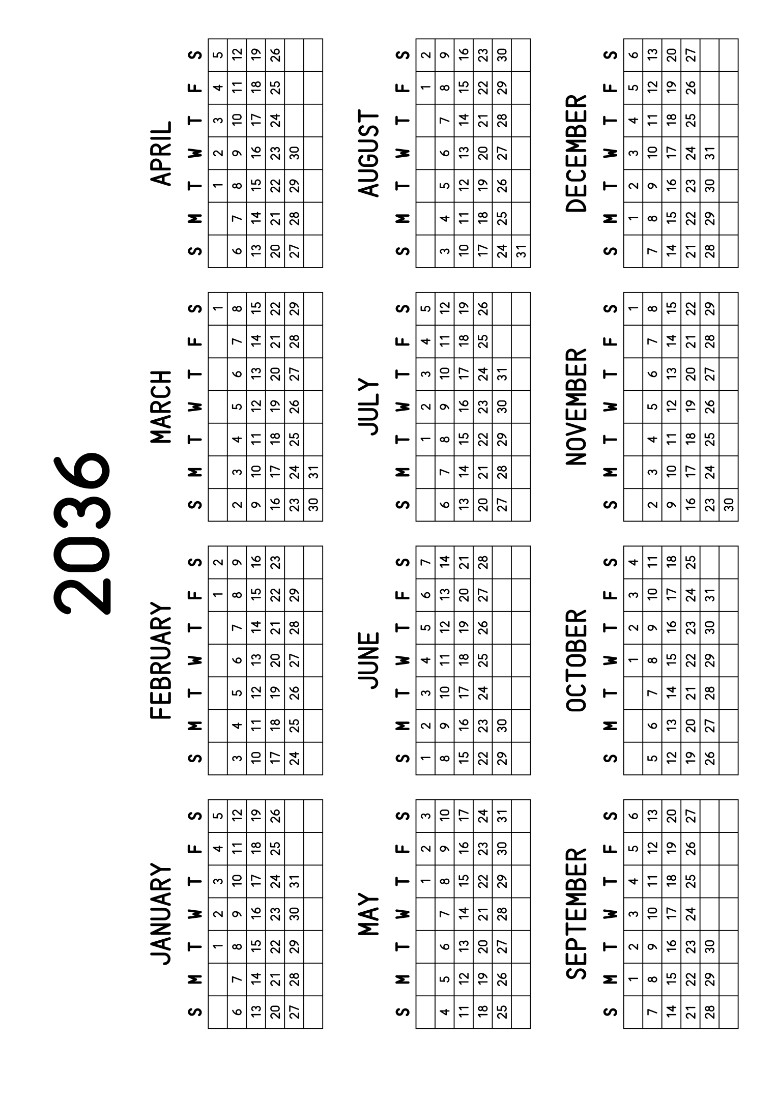 The twelve months of 2036 on one page, every day in its own cell, the weeks drawn as a grid, four months across and three rows, read in landscape once the sheet is turned. Design: Grid, Horizontal.