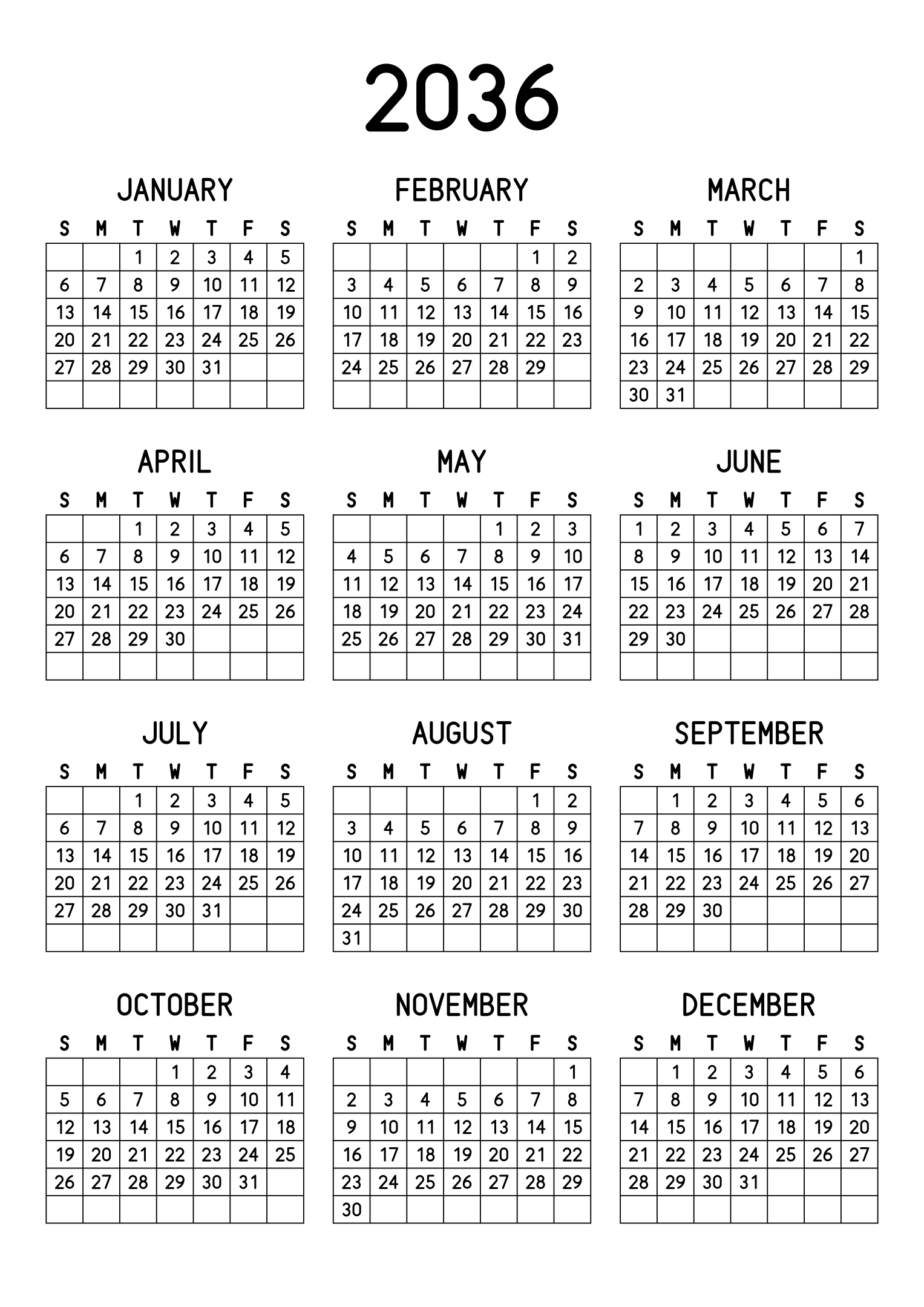 The twelve months of 2036 on one page, every day in its own cell, the weeks drawn as a grid, three months across and four rows, read in portrait. Design: Grid, Vertical.