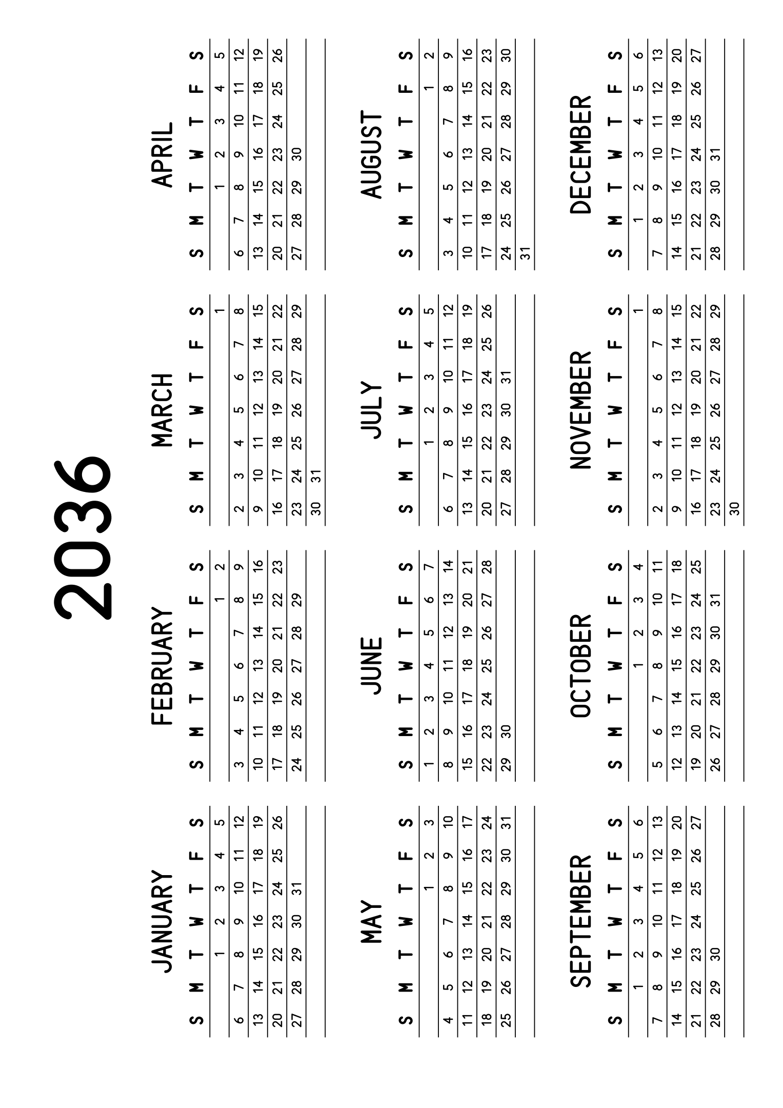 The twelve months of 2036 on one page, a fine line under each week, like a planner, four months across and three rows, read in landscape once the sheet is turned. Design: Lined, Horizontal.