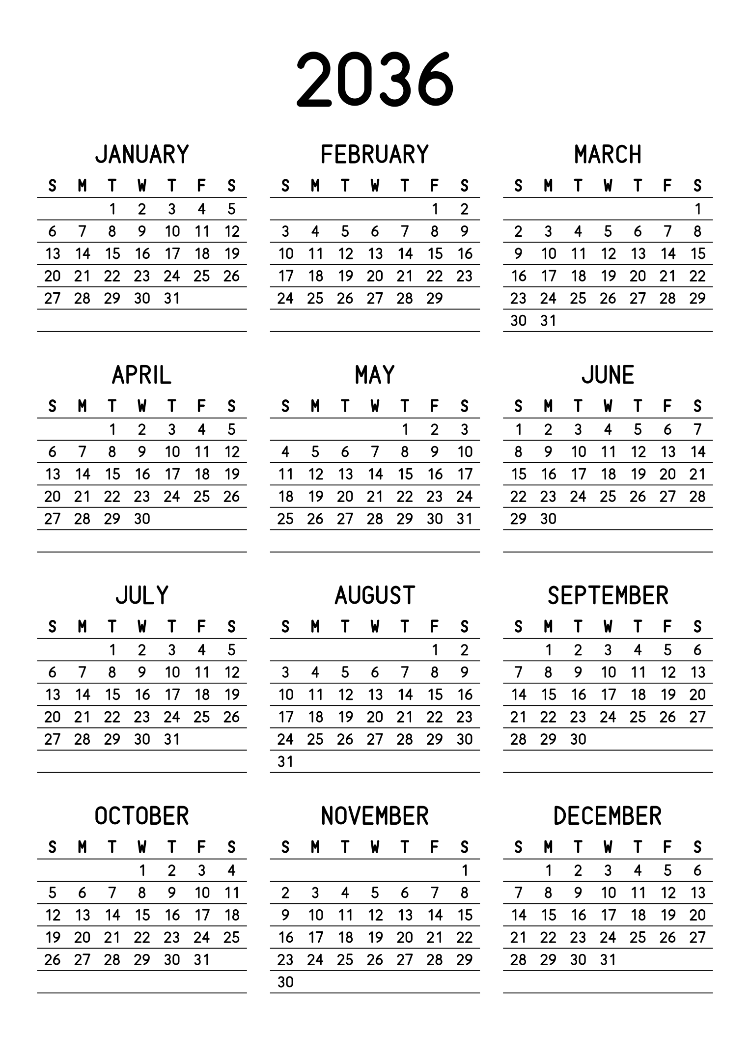 The twelve months of 2036 on one page, a fine line under each week, like a planner, three months across and four rows, read in portrait. Design: Lined, Vertical.