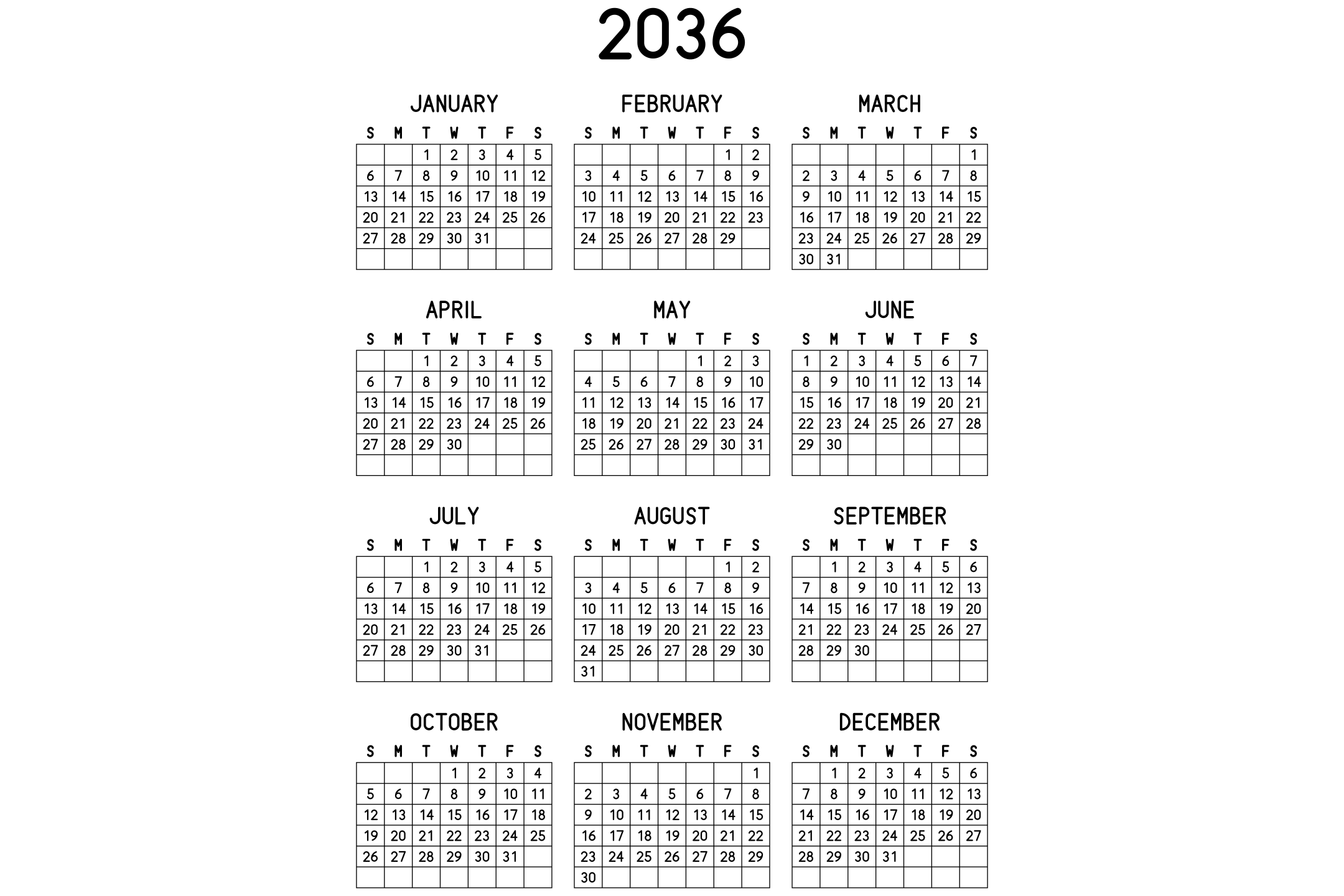 A printable 2036 calendar with the twelve months on one page, in black and white.