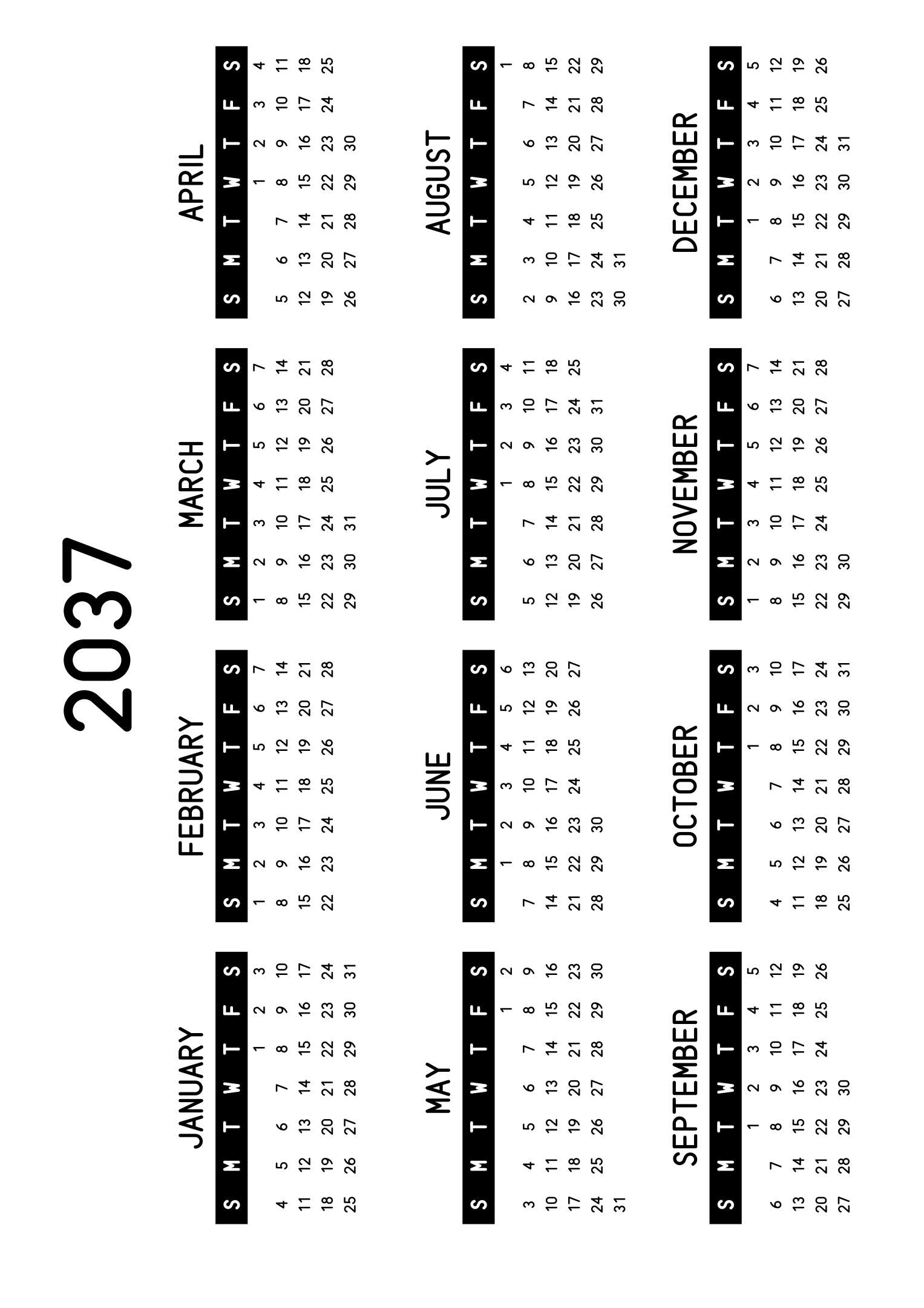The twelve months of 2037 on one page, the days of the week in white on a black band, four months across and three rows, read in landscape once the sheet is turned. Design: Banded, Horizontal.