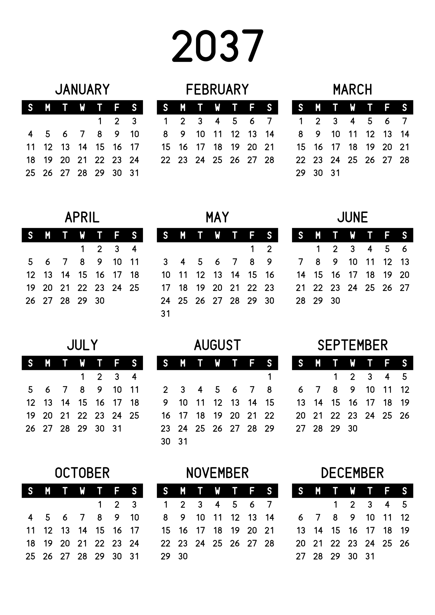 The twelve months of 2037 on one page, the days of the week in white on a black band, three months across and four rows, read in portrait. Design: Banded, Vertical.