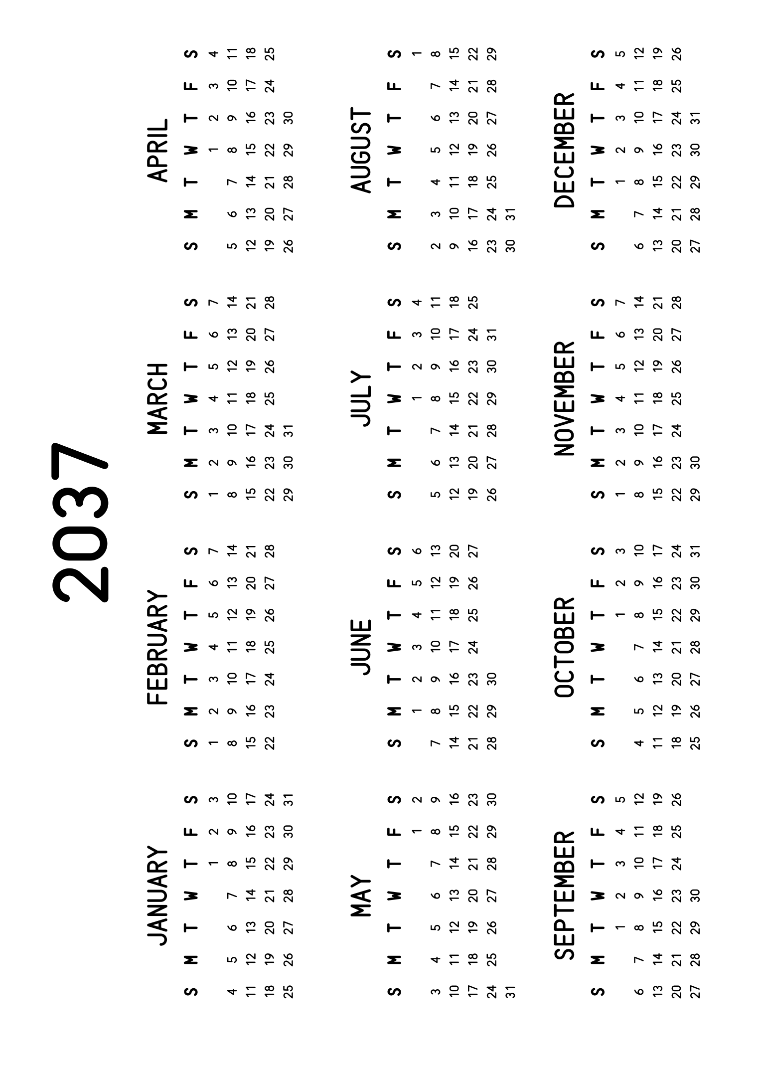 The twelve months of 2037 on one page, the dates set in clean rows, with no lines at all, four months across and three rows, read in landscape once the sheet is turned. Design: Classic, Horizontal.