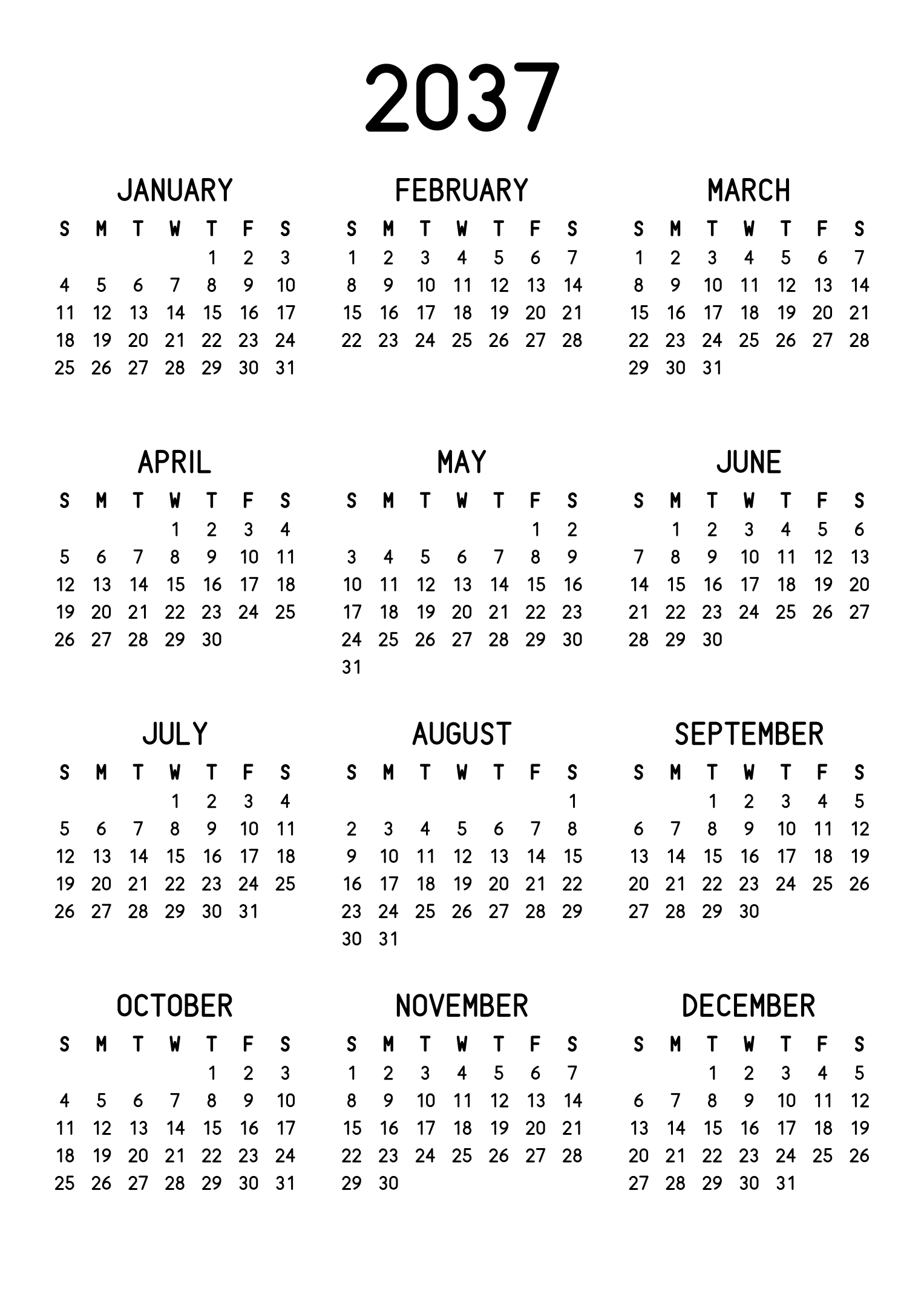 The twelve months of 2037 on one page, the dates set in clean rows, with no lines at all, three months across and four rows, read in portrait. Design: Classic, Vertical.