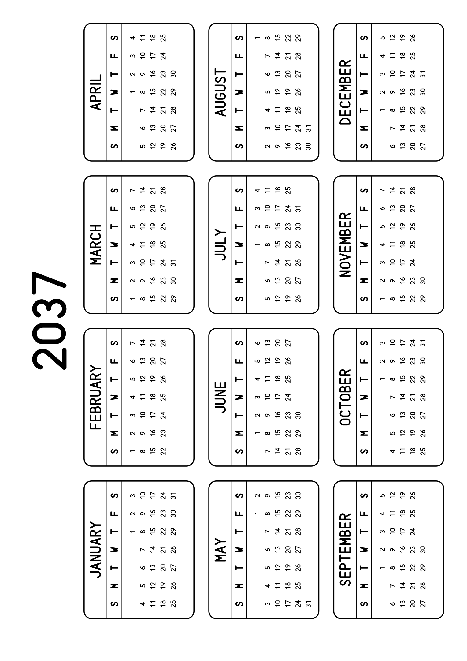 The twelve months of 2037 on one page, each month inside a rounded frame, four months across and three rows, read in landscape once the sheet is turned. Design: Framed, Horizontal.