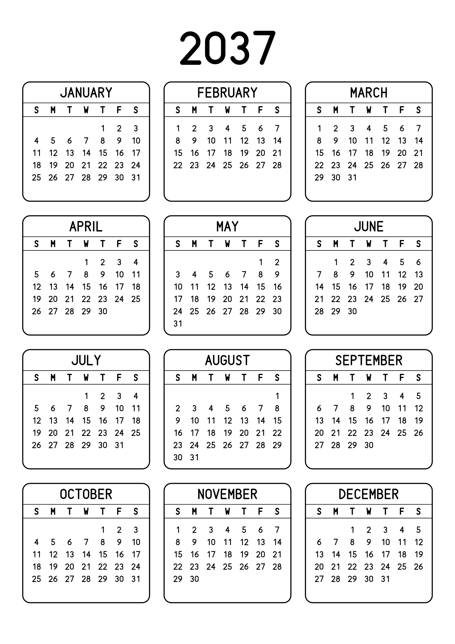 The twelve months of 2037 on one page, each month inside a rounded frame, three months across and four rows, read in portrait. Design: Framed, Vertical.