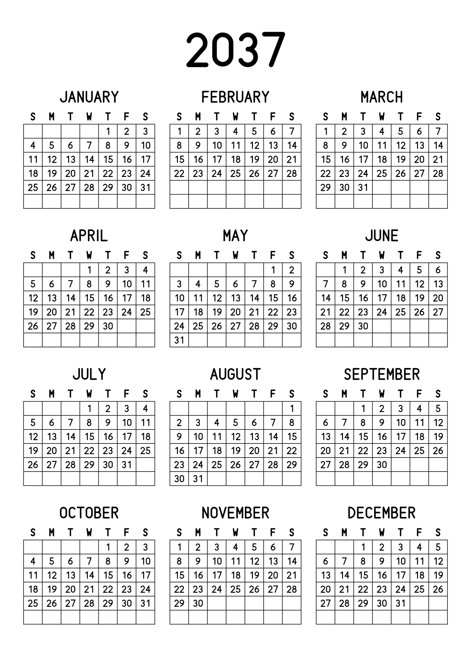 The twelve months of 2037 on one page, every day in its own cell, the weeks drawn as a grid, three months across and four rows, read in portrait. Design: Grid, Vertical.