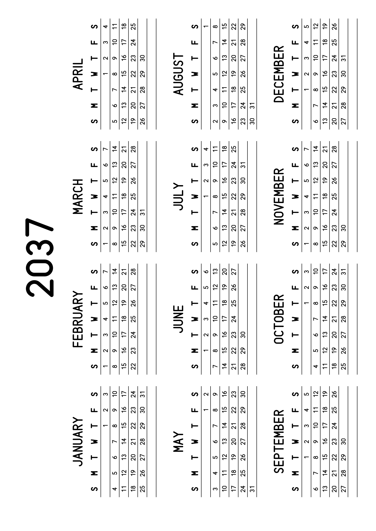 The twelve months of 2037 on one page, a fine line under each week, like a planner, four months across and three rows, read in landscape once the sheet is turned. Design: Lined, Horizontal.