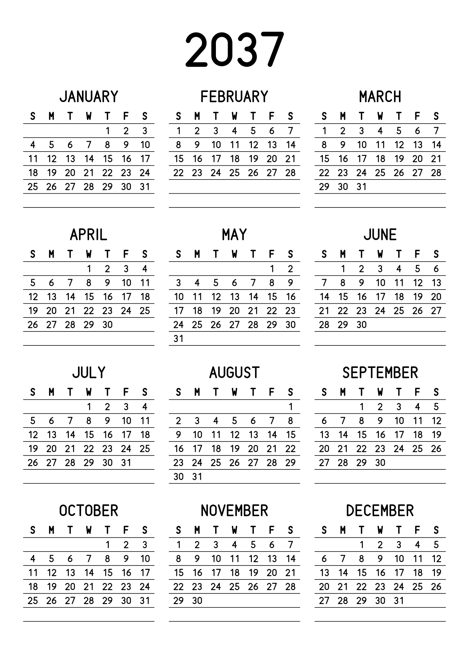 The twelve months of 2037 on one page, a fine line under each week, like a planner, three months across and four rows, read in portrait. Design: Lined, Vertical.
