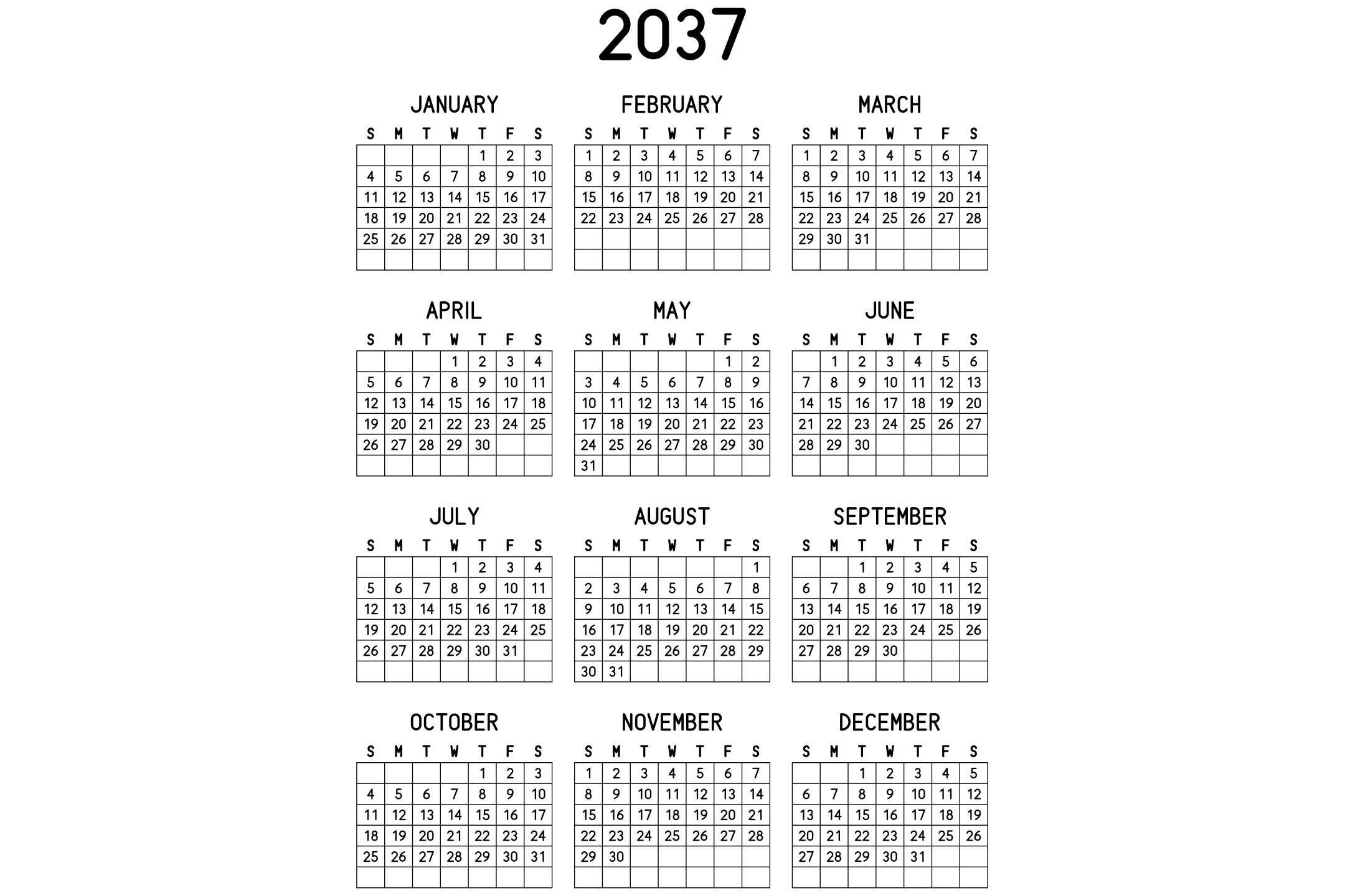 A printable 2037 calendar with the twelve months on one page, in black and white.