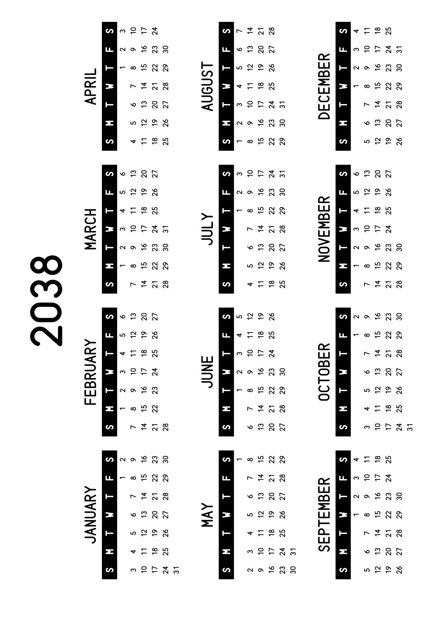The twelve months of 2038 on one page, the days of the week in white on a black band, four months across and three rows, read in landscape once the sheet is turned. Design: Banded, Horizontal.