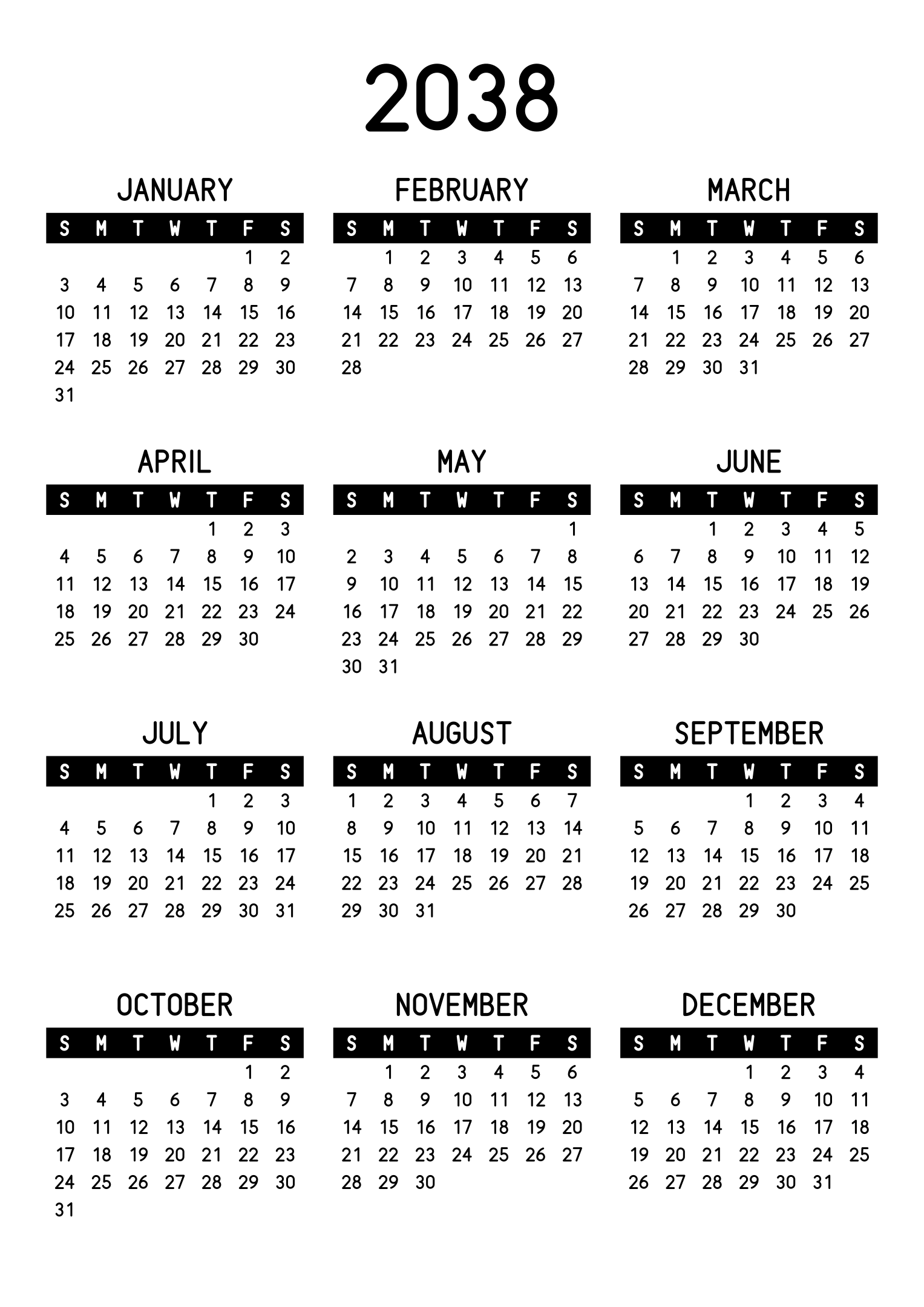 The twelve months of 2038 on one page, the days of the week in white on a black band, three months across and four rows, read in portrait. Design: Banded, Vertical.