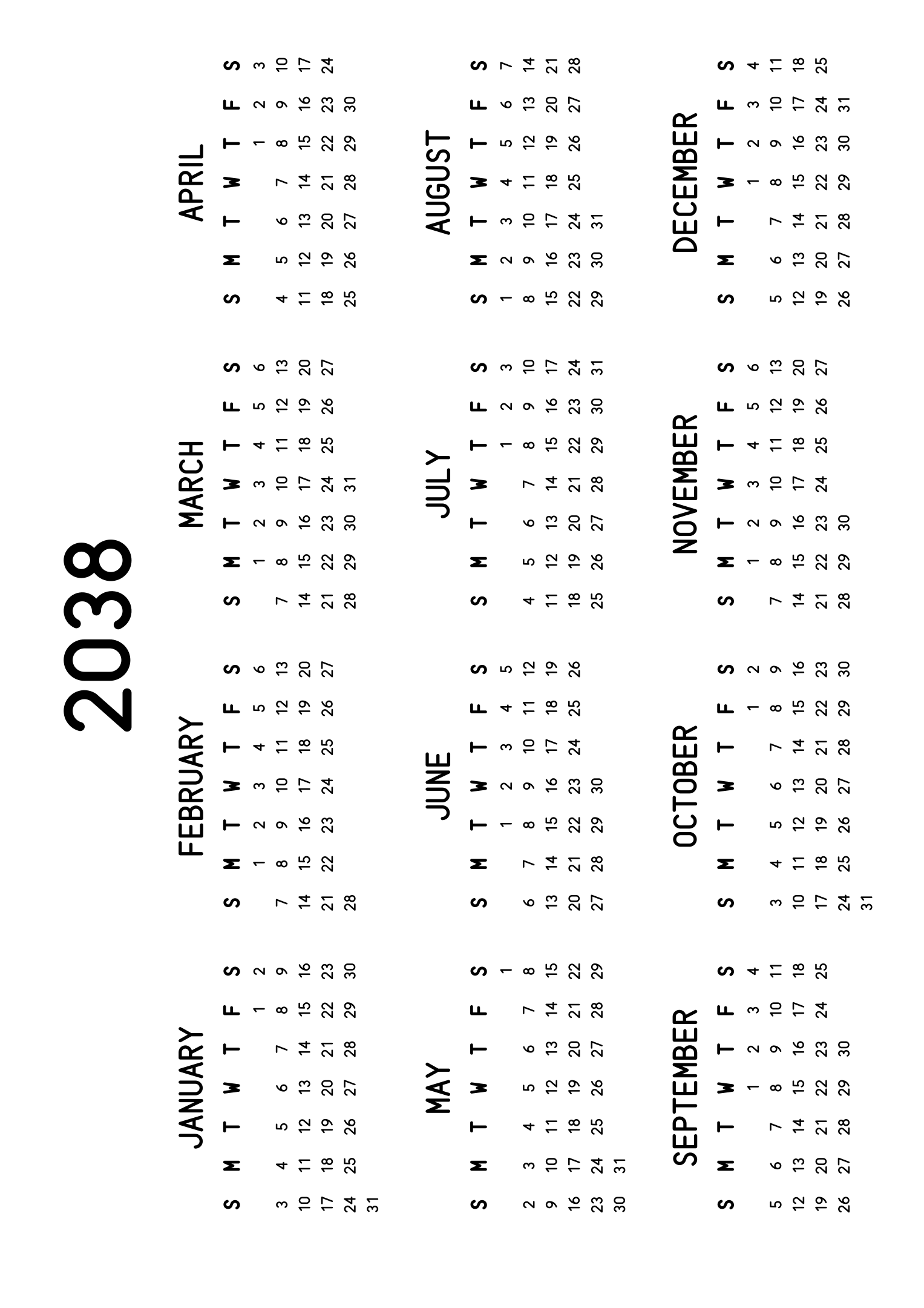 The twelve months of 2038 on one page, the dates set in clean rows, with no lines at all, four months across and three rows, read in landscape once the sheet is turned. Design: Classic, Horizontal.