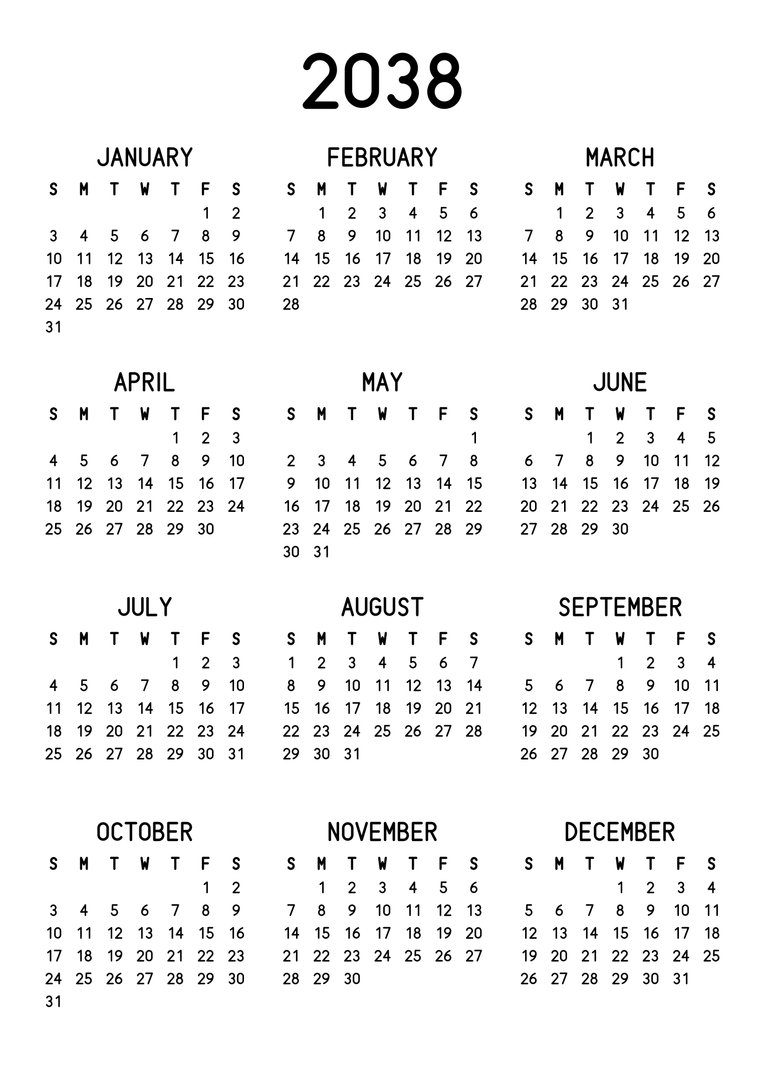 The twelve months of 2038 on one page, the dates set in clean rows, with no lines at all, three months across and four rows, read in portrait. Design: Classic, Vertical.